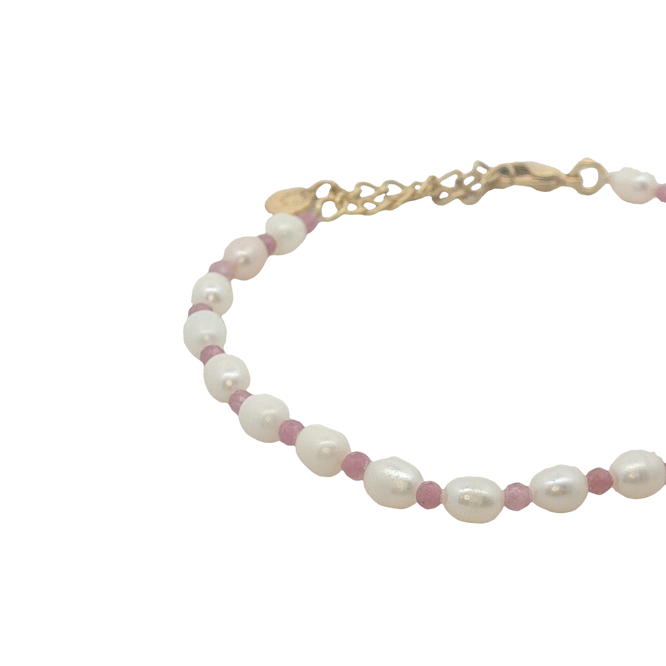 Bracelet doré perles de culture et tourmaline rose