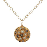 Collier doré médaillon massif avec pierre de lune et labradorite 75 cm