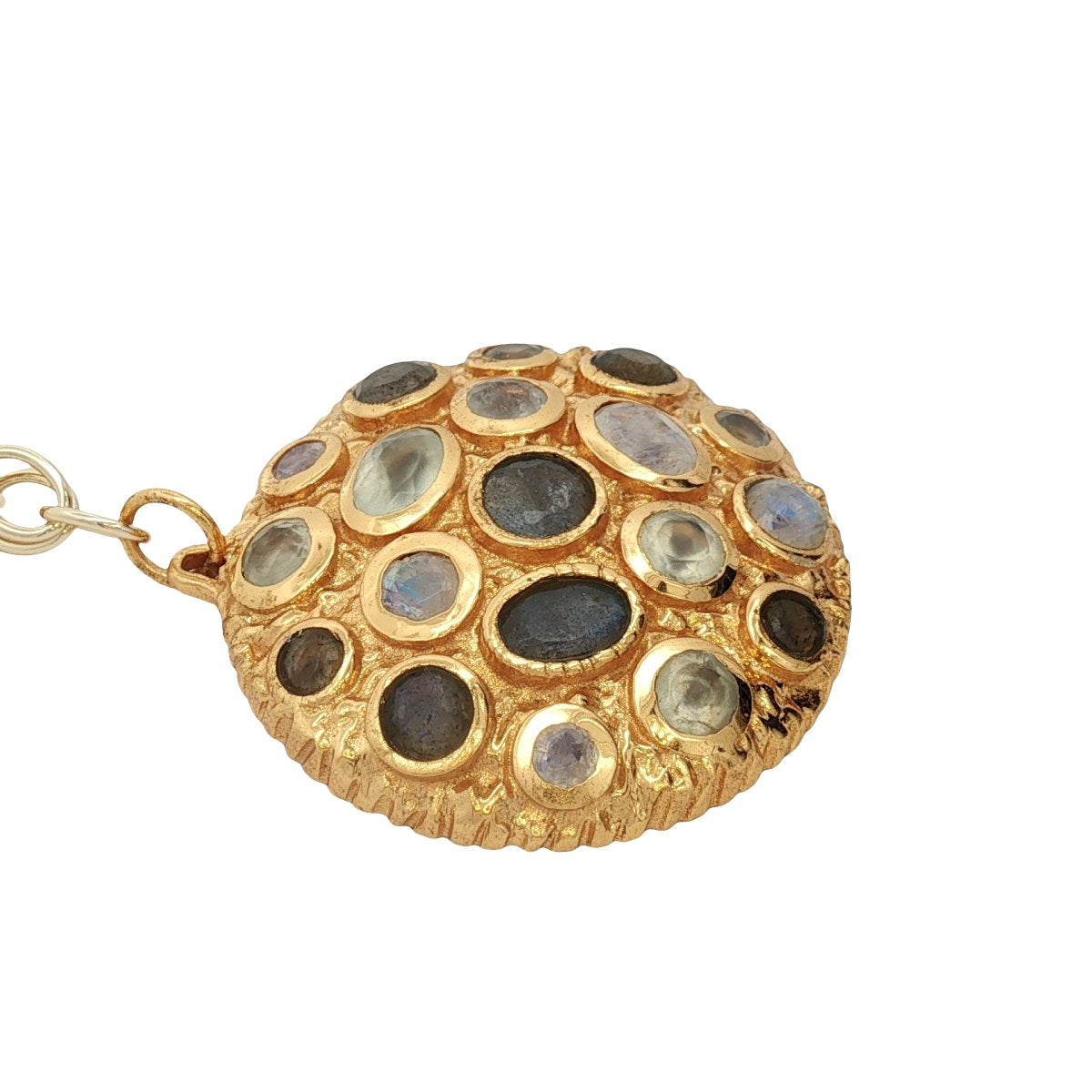 Collier doré médaillon massif avec pierre de lune et labradorite 75 cm