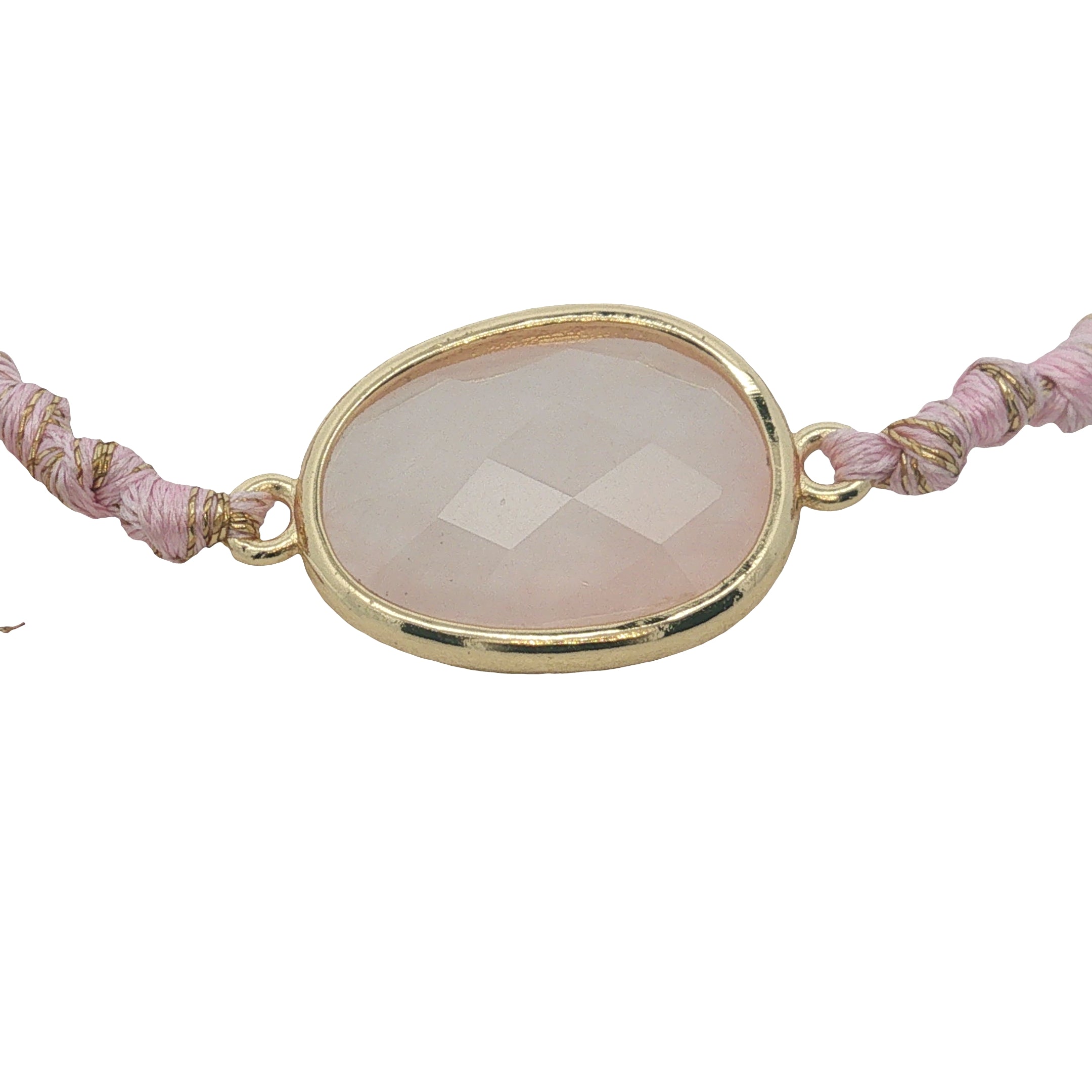 Bracelet cordon rose avec quartz rose ovale cerclé de doré