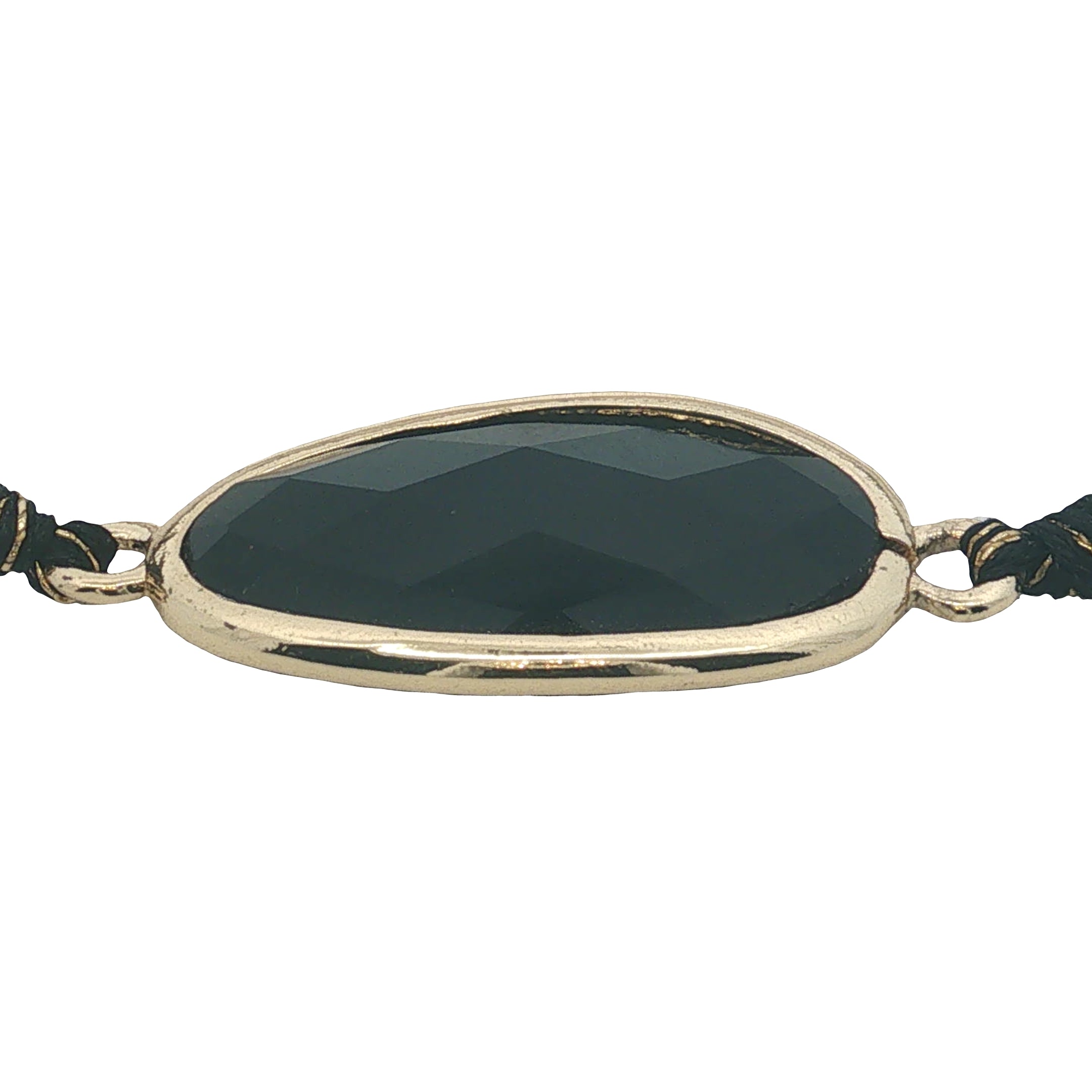 Bracelet cordon noir avec onyx noire ovale cerclée de doré