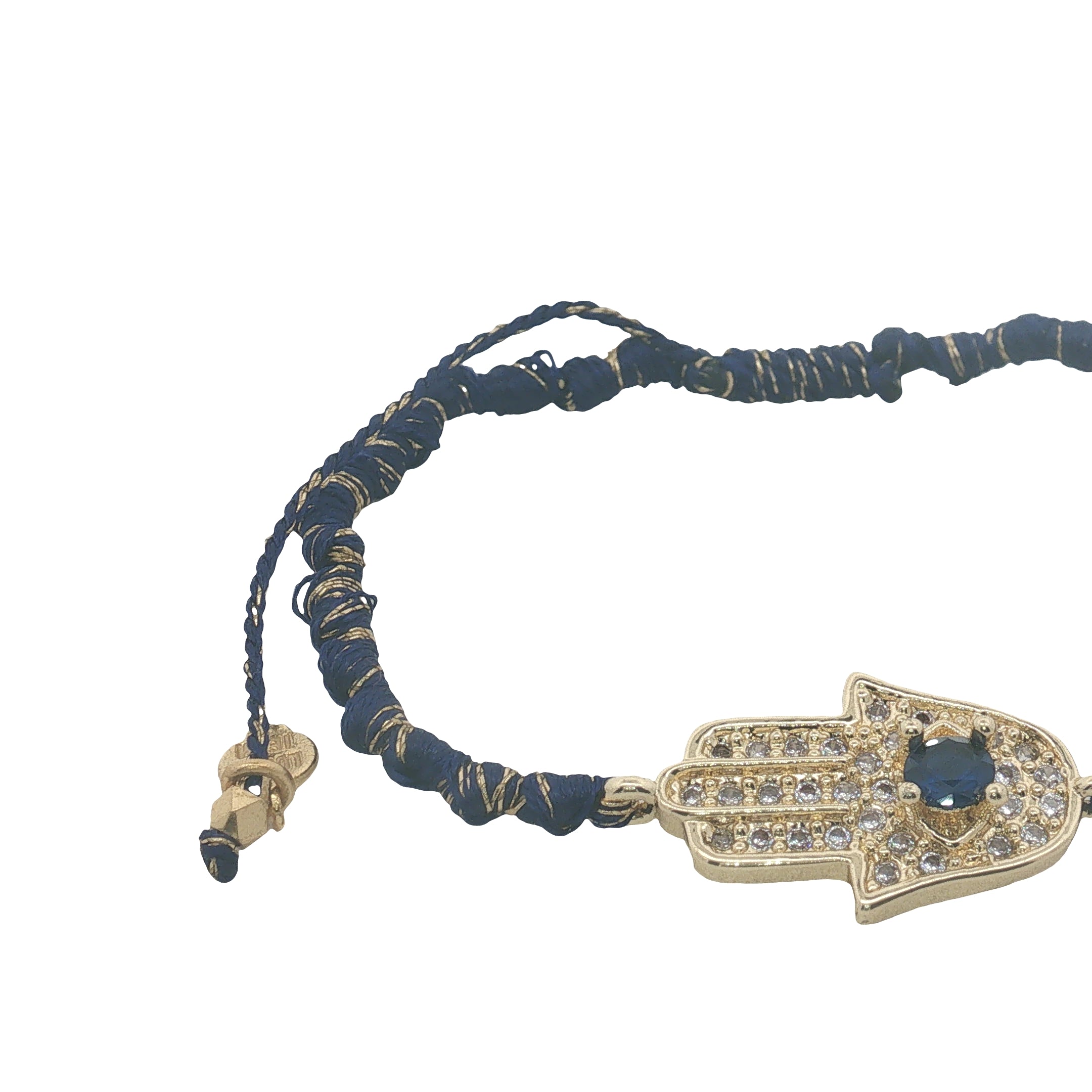 Bracelet doré cordon bleu marine main de Fatma avec zircons et lapis lazuli