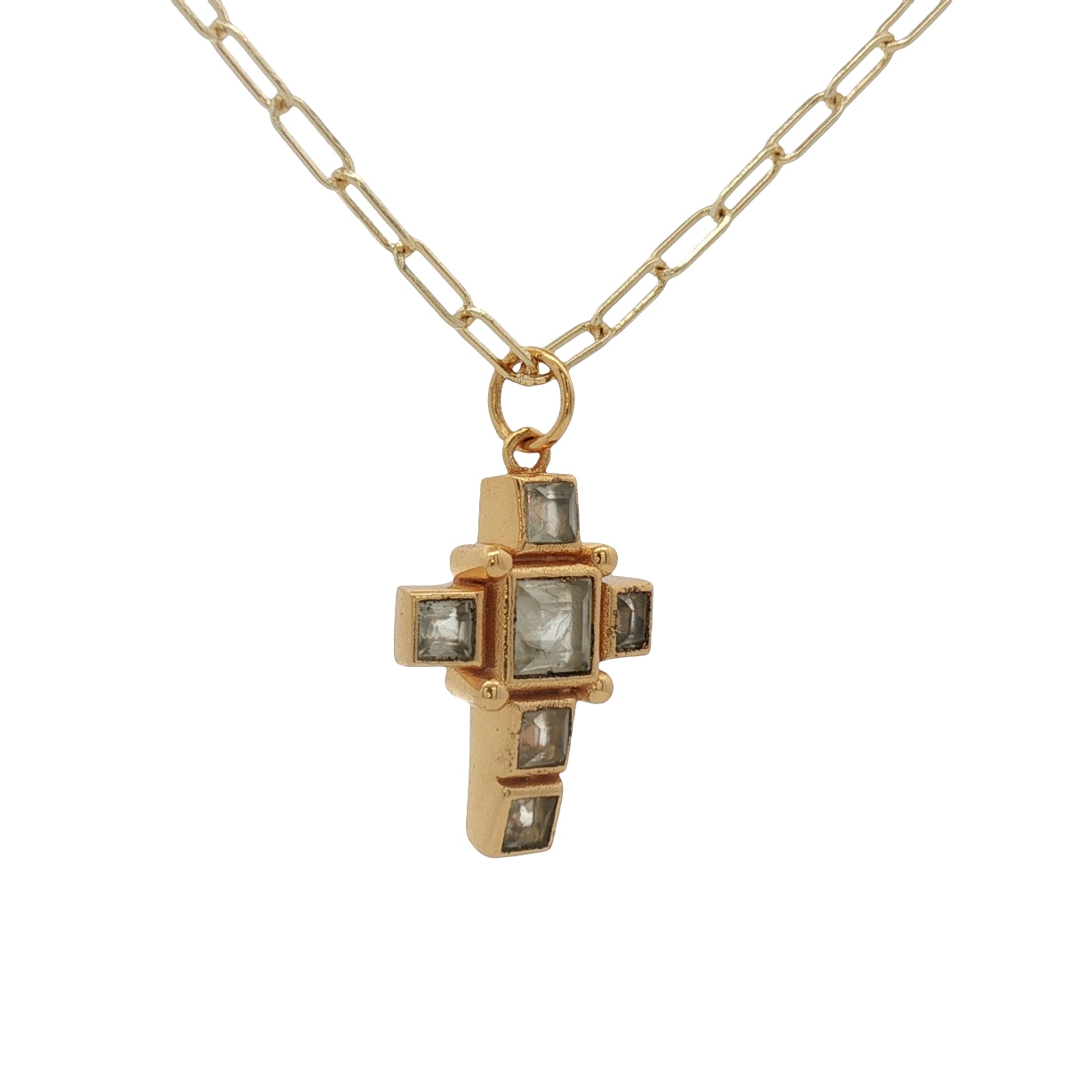 Collier doré croix avec prehnite taillée en carrés 50 cm