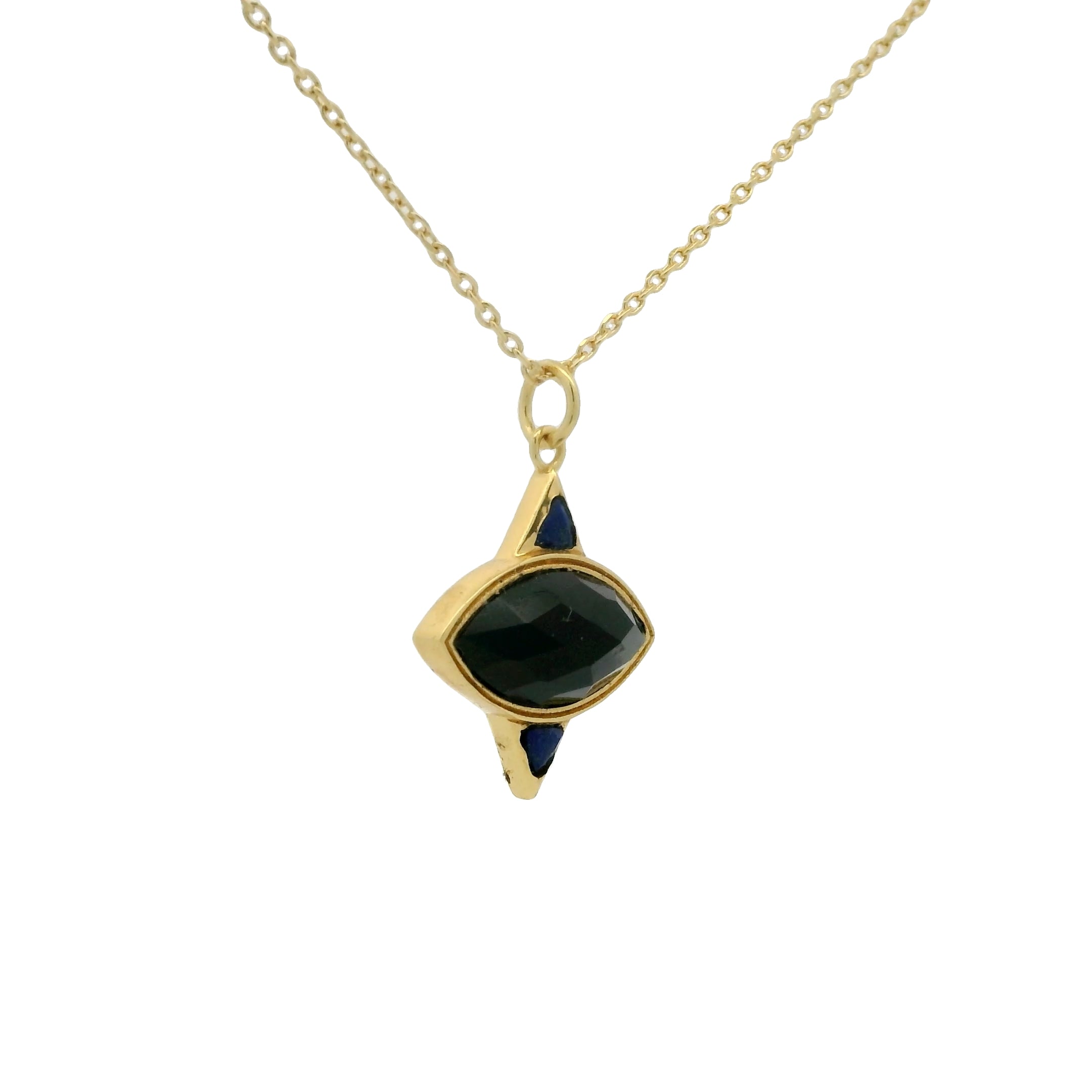 Collier doré oeil en onyx noire et triangles en lapis lazulis 42 cm