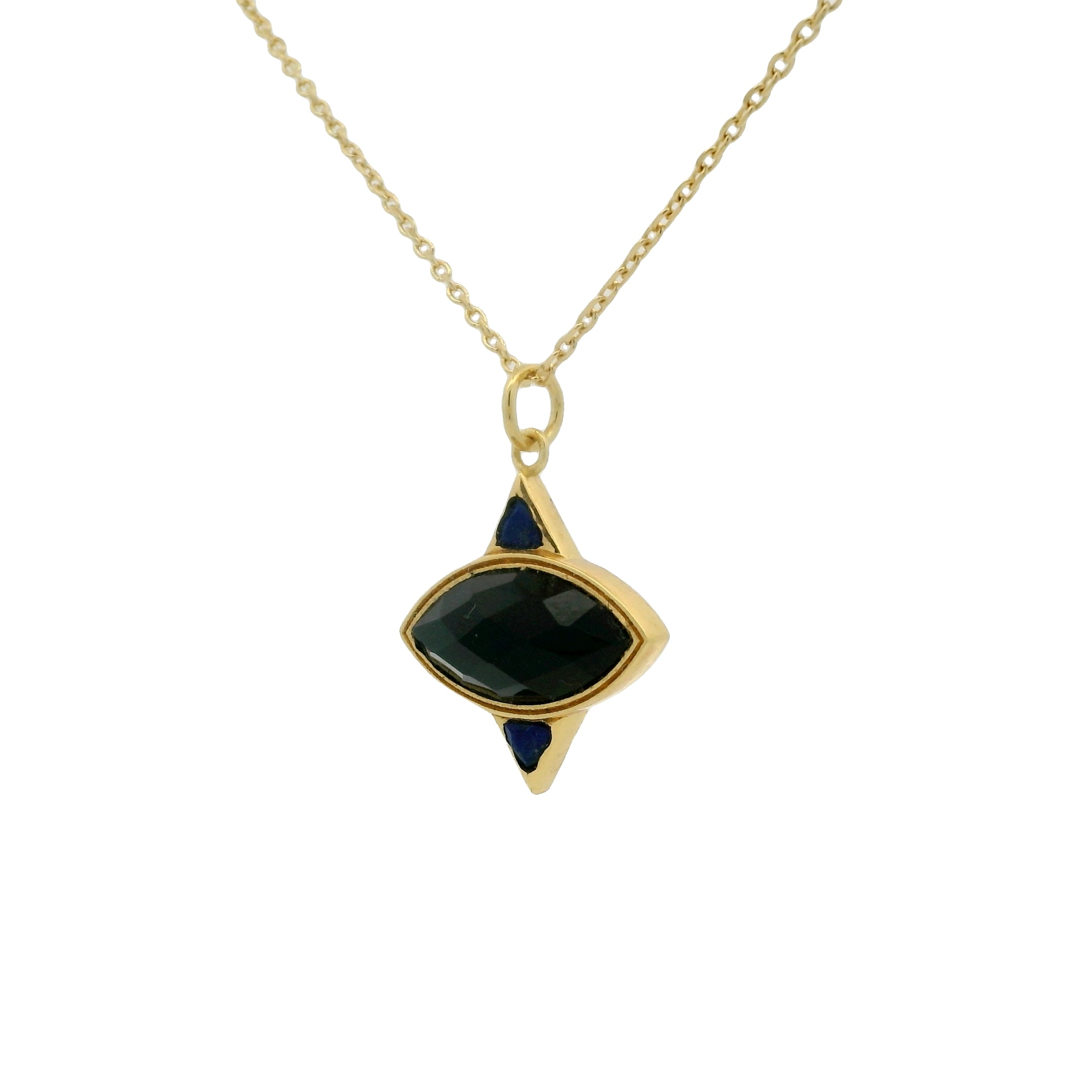 Collier doré oeil en onyx noire et triangles en lapis lazulis 42 cm