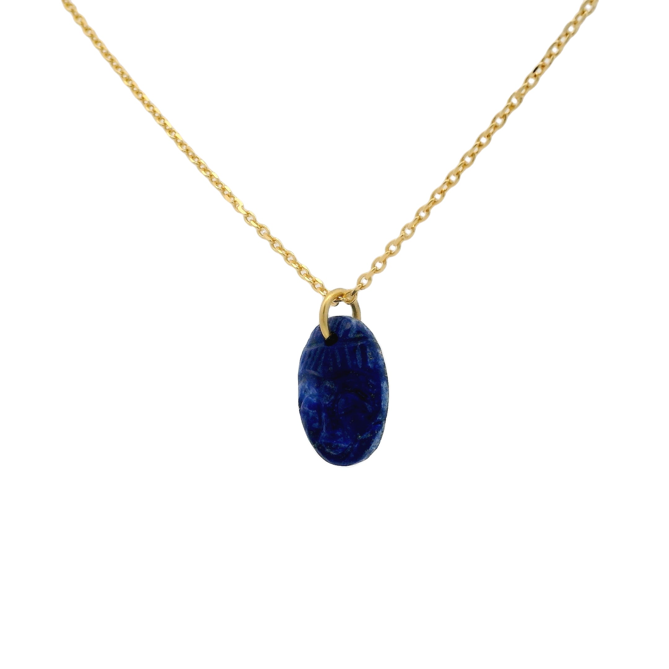 Collier doré tête de bouddha taillée dans lapis lazulis 42 cm