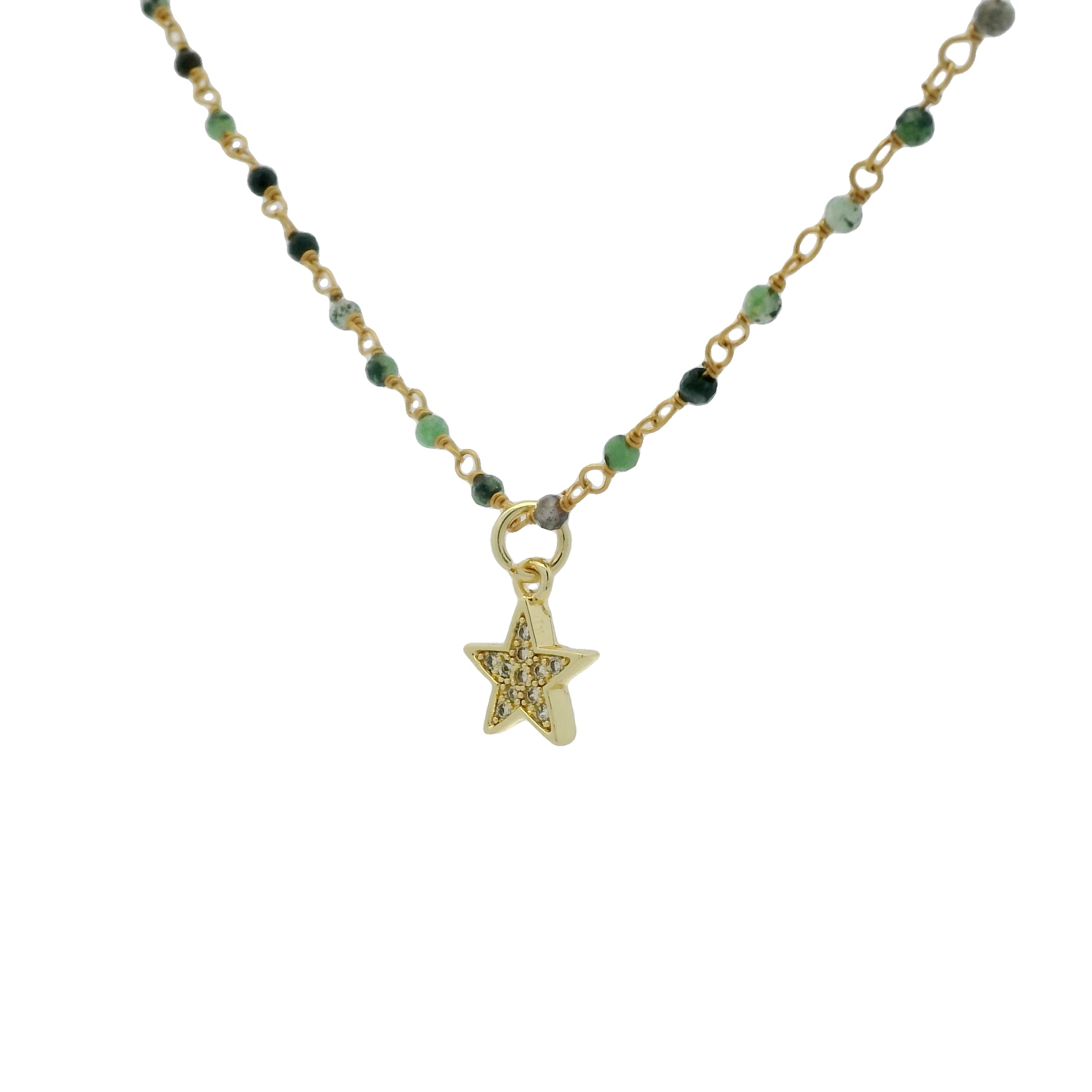 Collier rosary doré étoile zircons et rubis zoisite 40cm