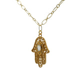 Collier doré main de Fatma prehnite et zircons 60 cm