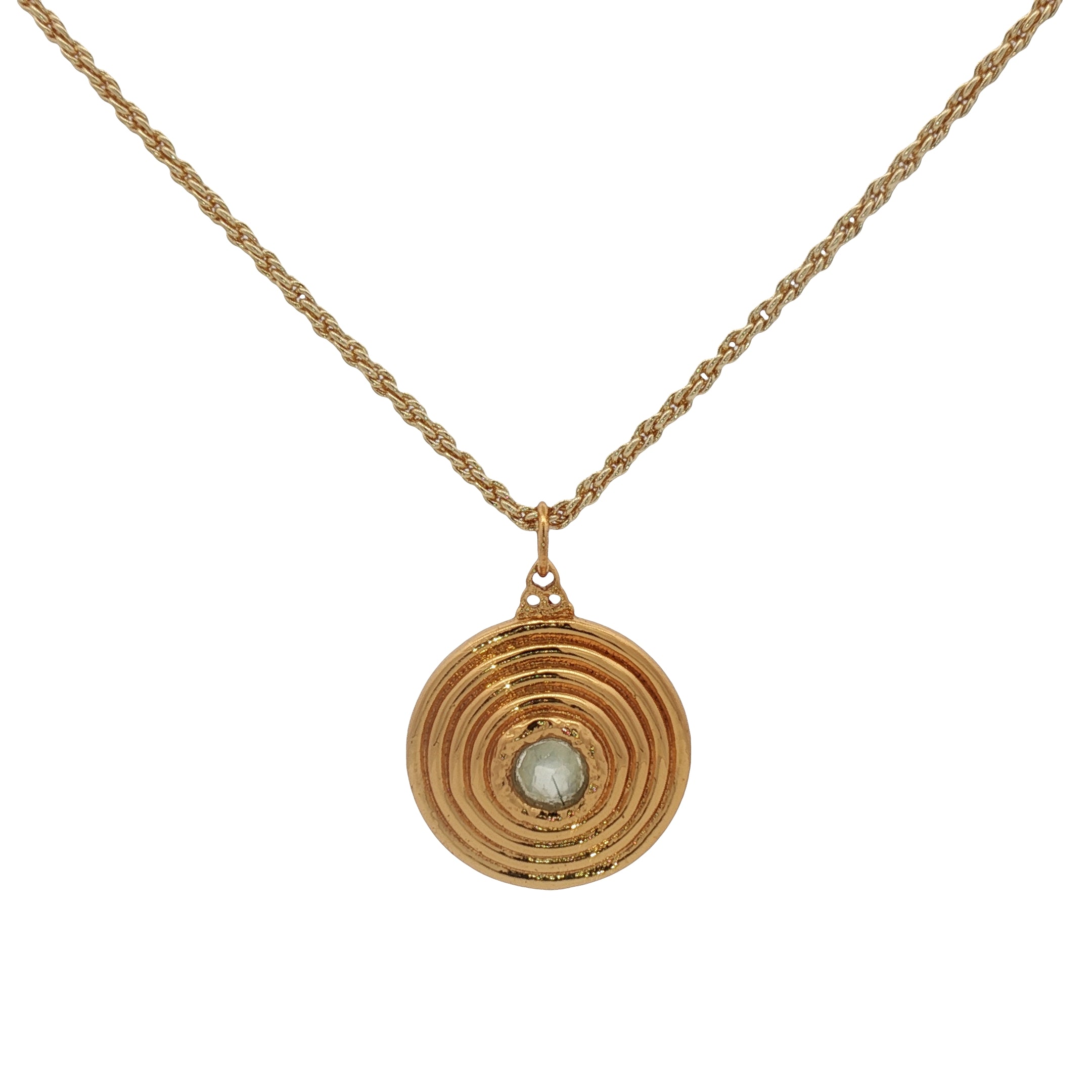 Collier doré médaille striée prehnite 60 cm