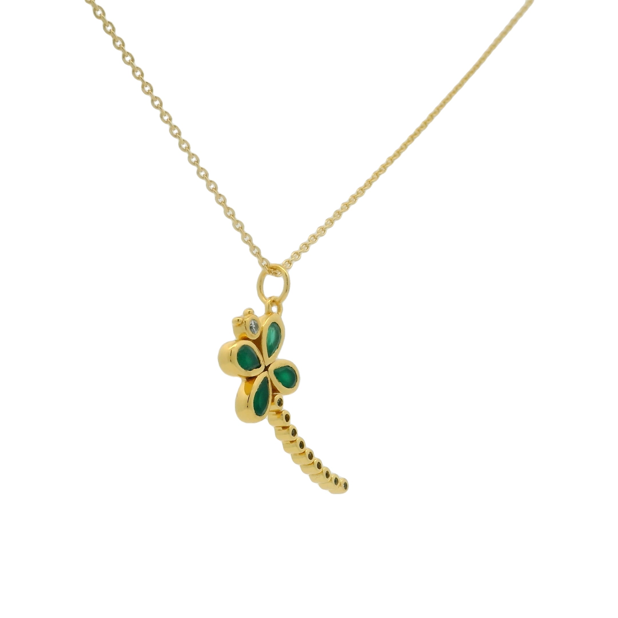 Collier doré libellule avec zircons et trèfle en onyx verte 42 cm