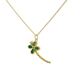 Collier doré libellule avec zircons et trèfle en onyx verte 42 cm