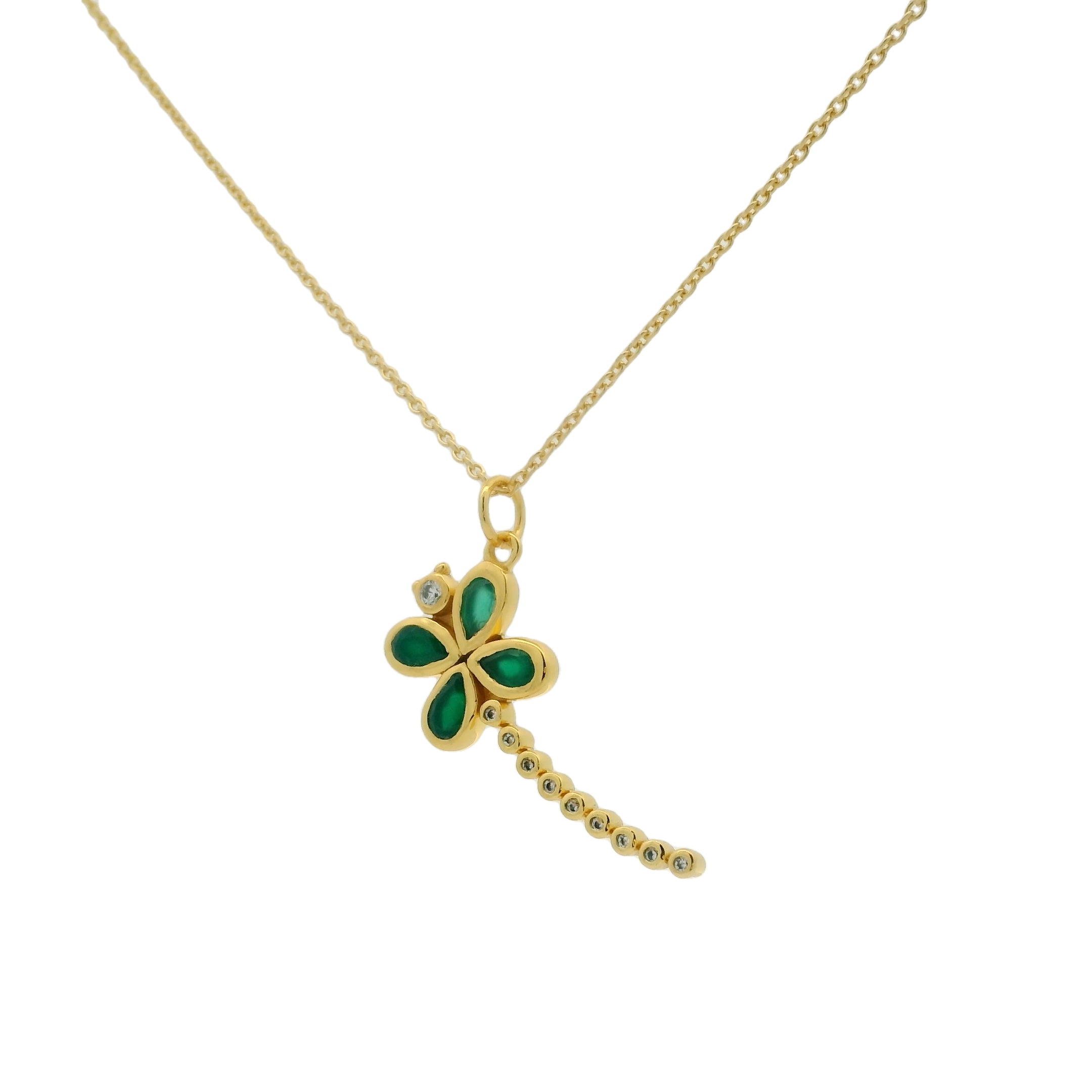 Collier doré libellule avec zircons et trèfle en onyx verte 42 cm