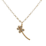 Collier doré libellule avec zircons et trèfle en pierre de lune 60 cm