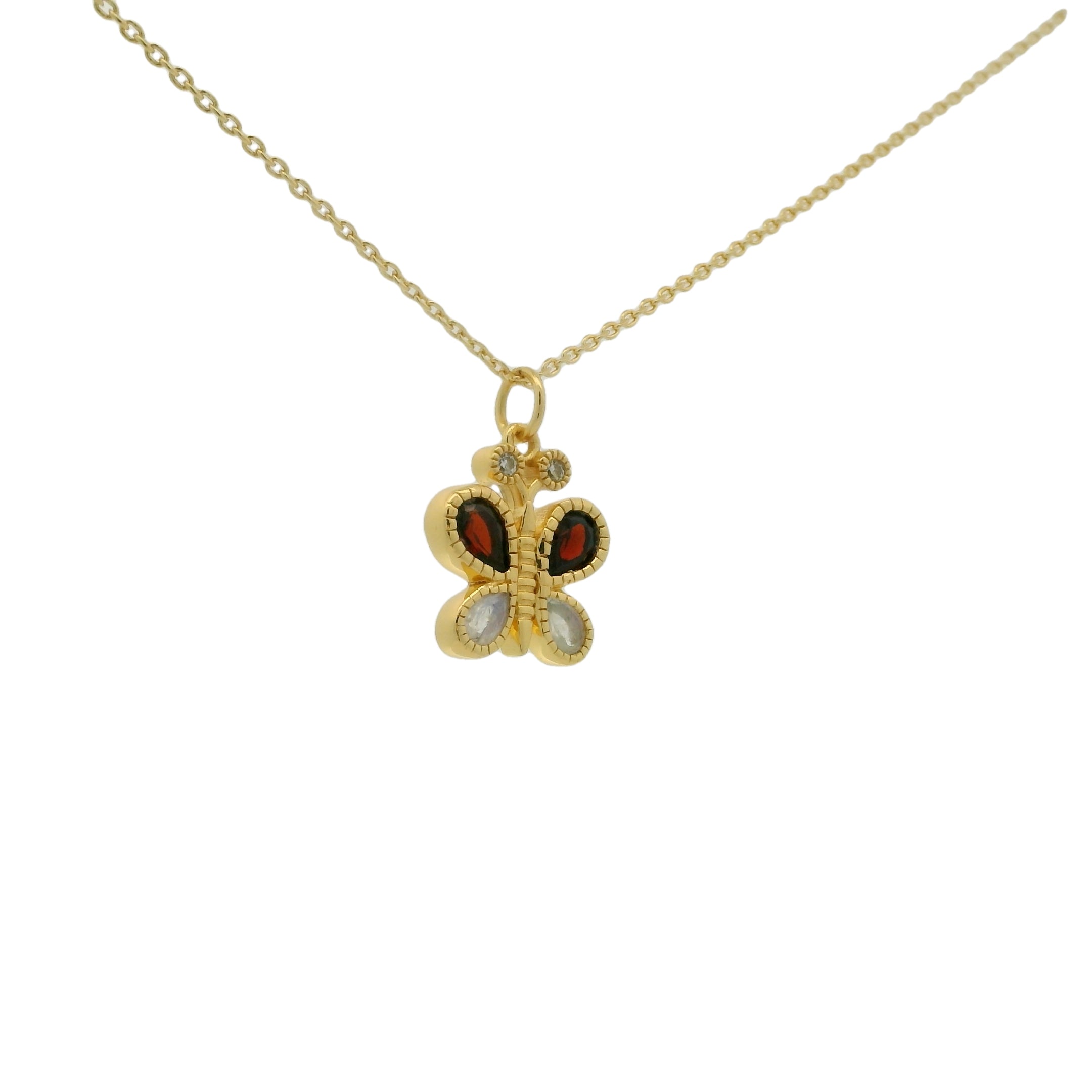 Collier papillon doré grenat et pierre de lune avec zircons 42 cm