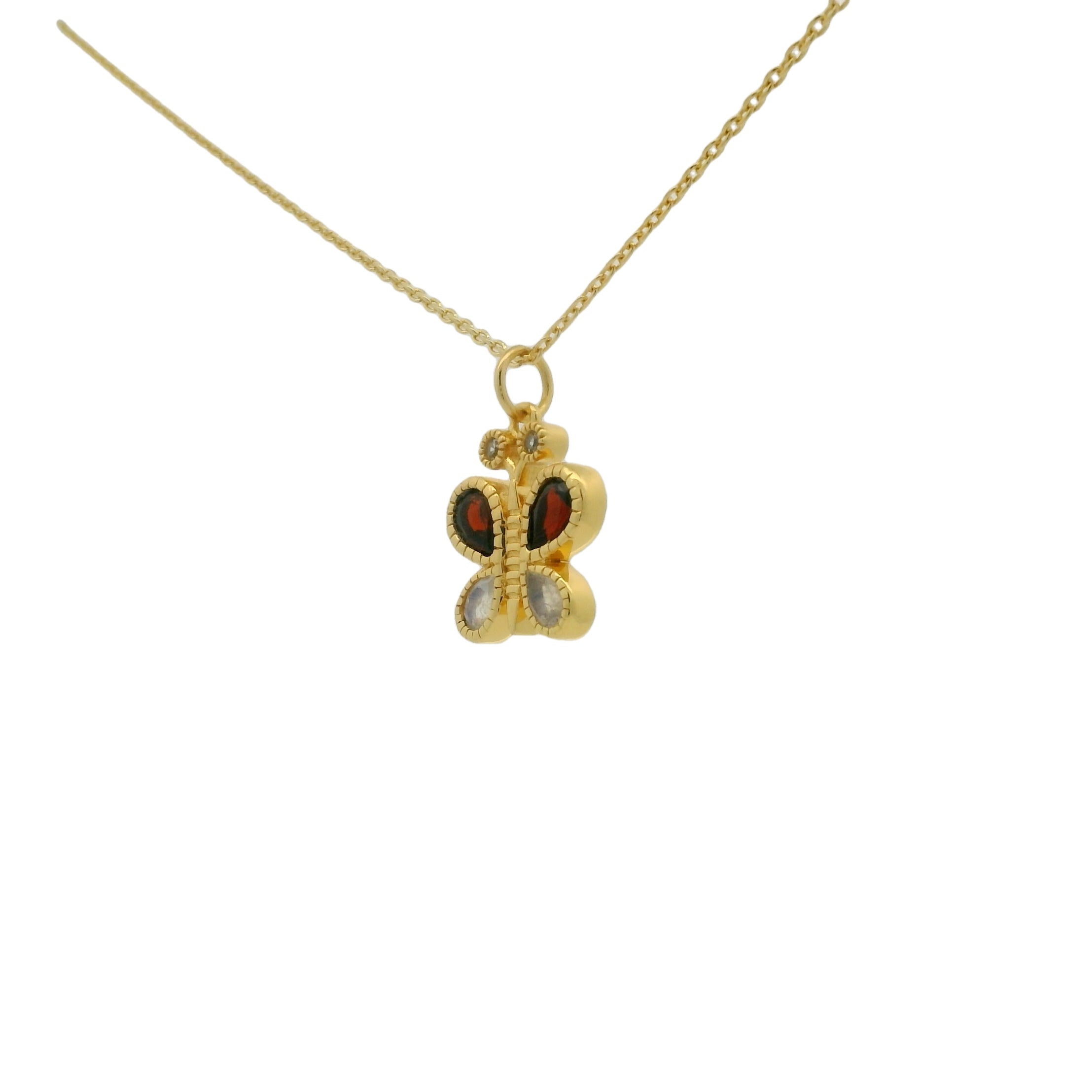 Collier papillon doré grenat et pierre de lune avec zircons 42 cm