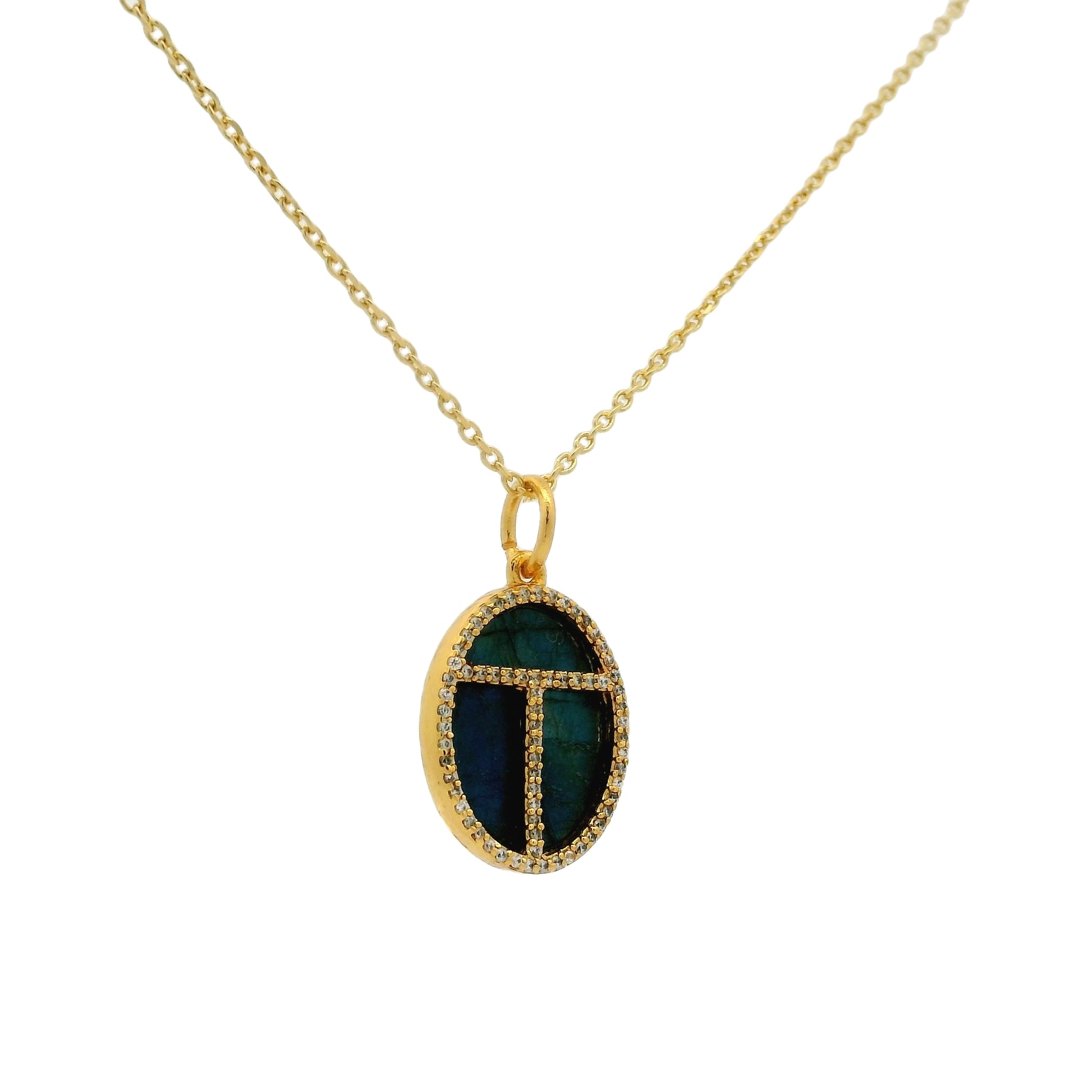 Collier doré scarabée labradorite et zircons 42 cm