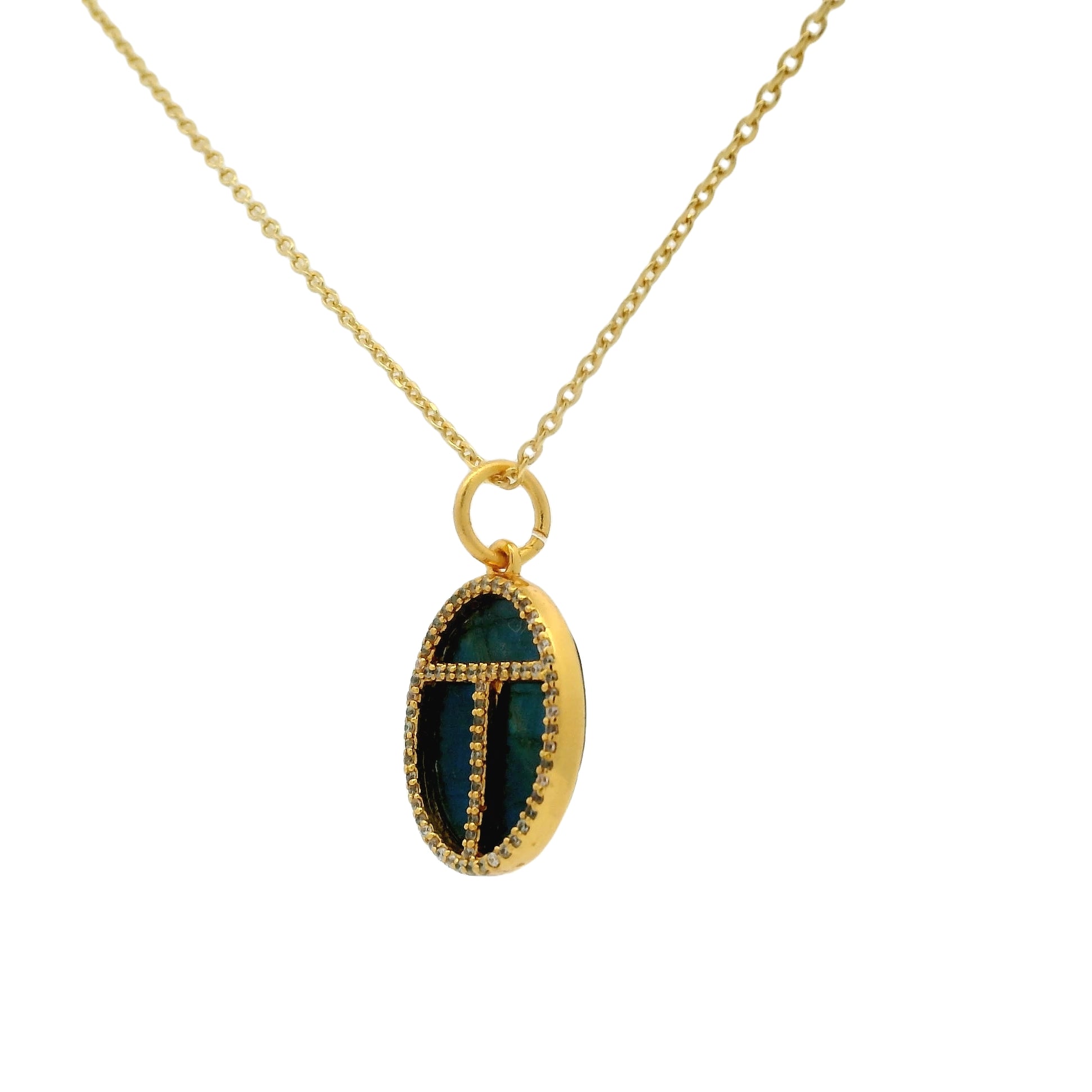 Collier doré scarabée labradorite et zircons 42 cm