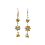 Golden earrings with three suns and stone