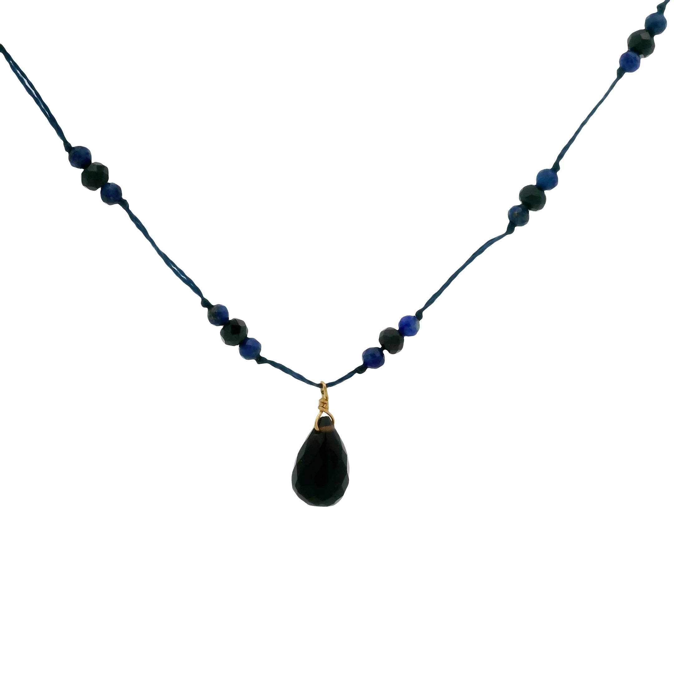 Collier doré fil noir orné d'onyx noir et lapis 42cm