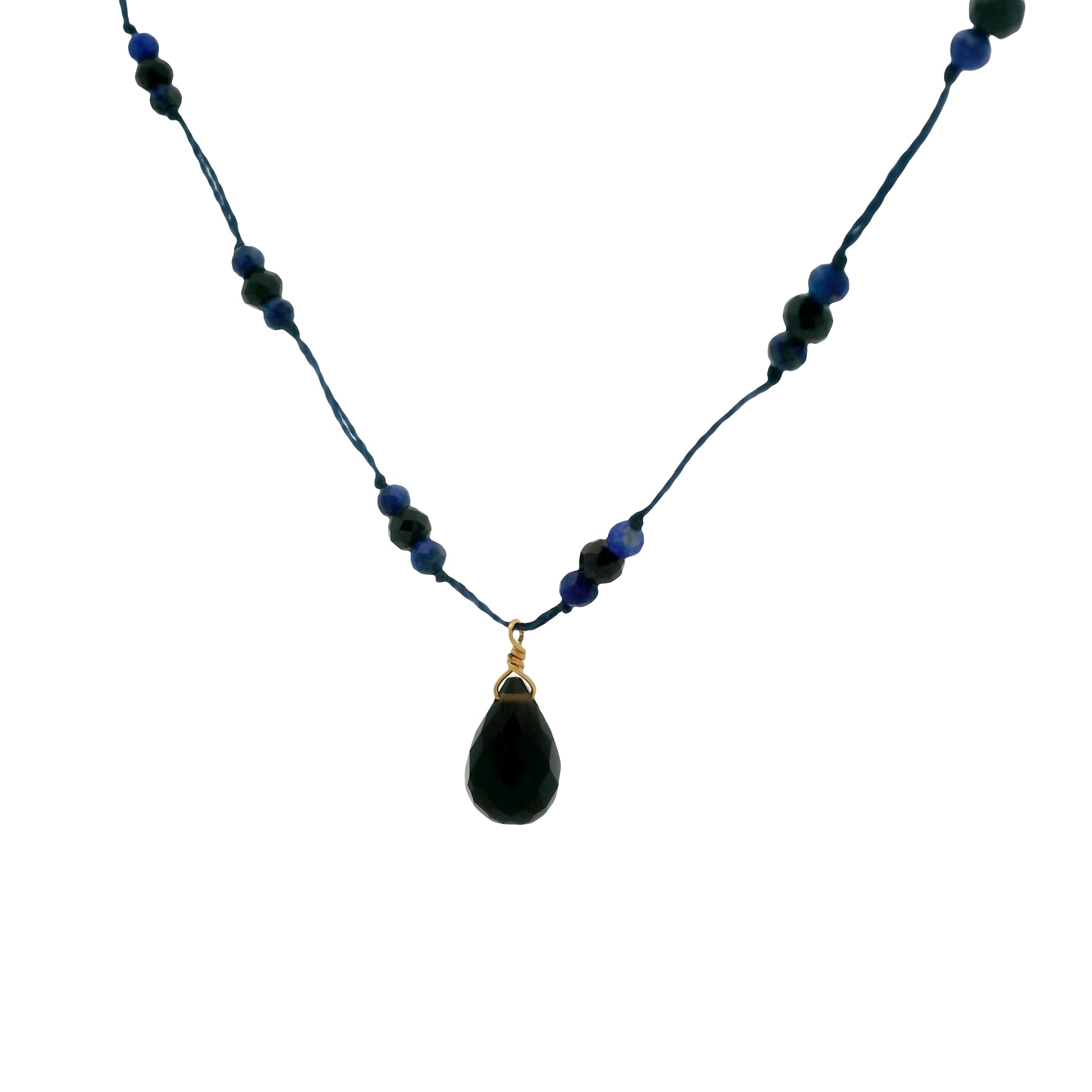 Collier doré fil noir orné d'onyx noir et lapis 42cm