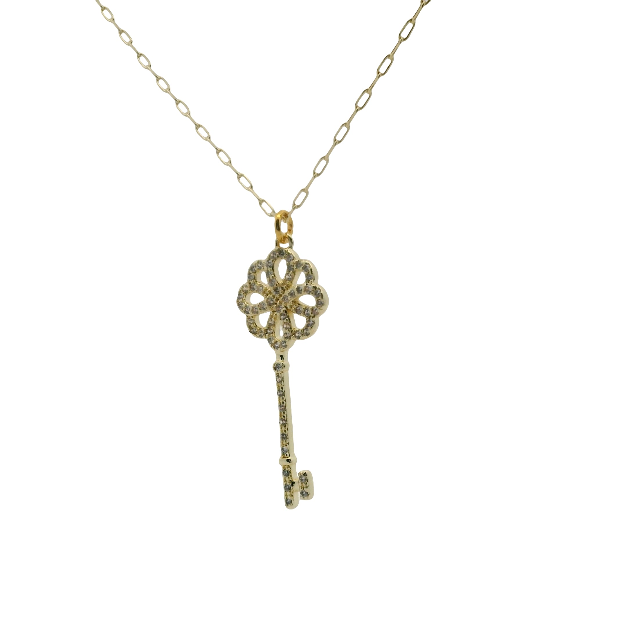 Collier doré clé et fleur en zircons 50 cm