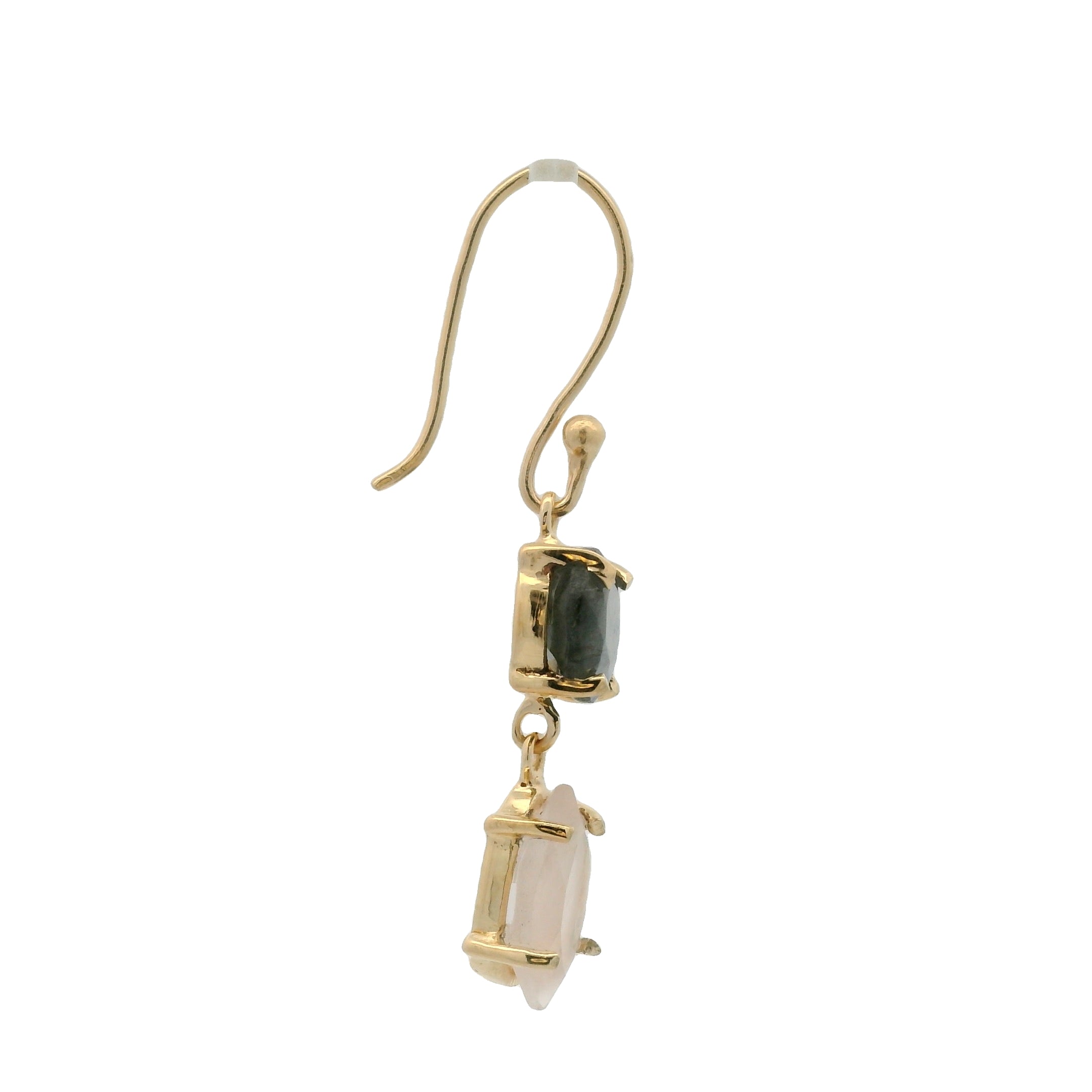 Boucles d'oreilles dorées pendantes labradorite et quartz rose