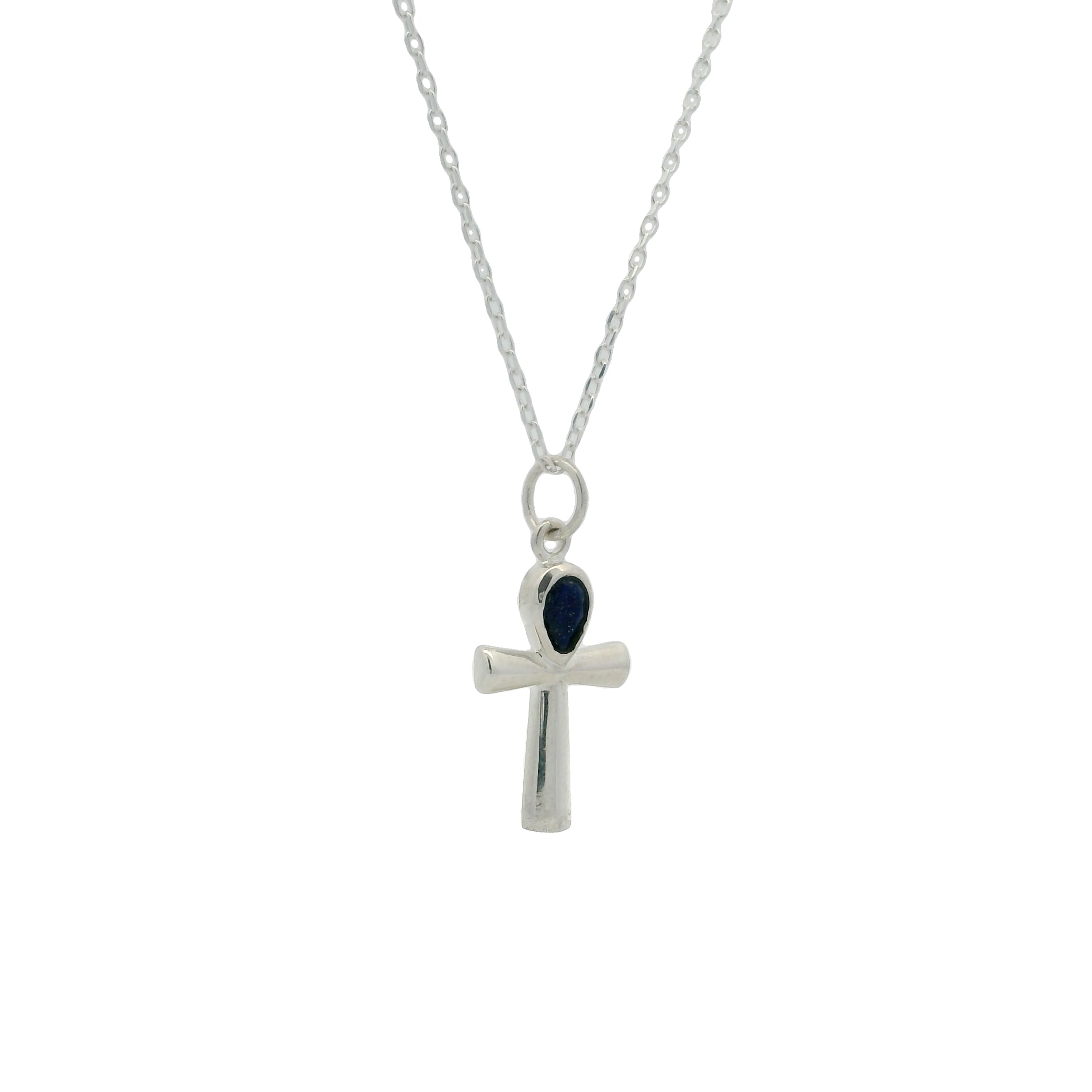 Collier argent 925 croix ankh avec lapis lazulis 42 cm