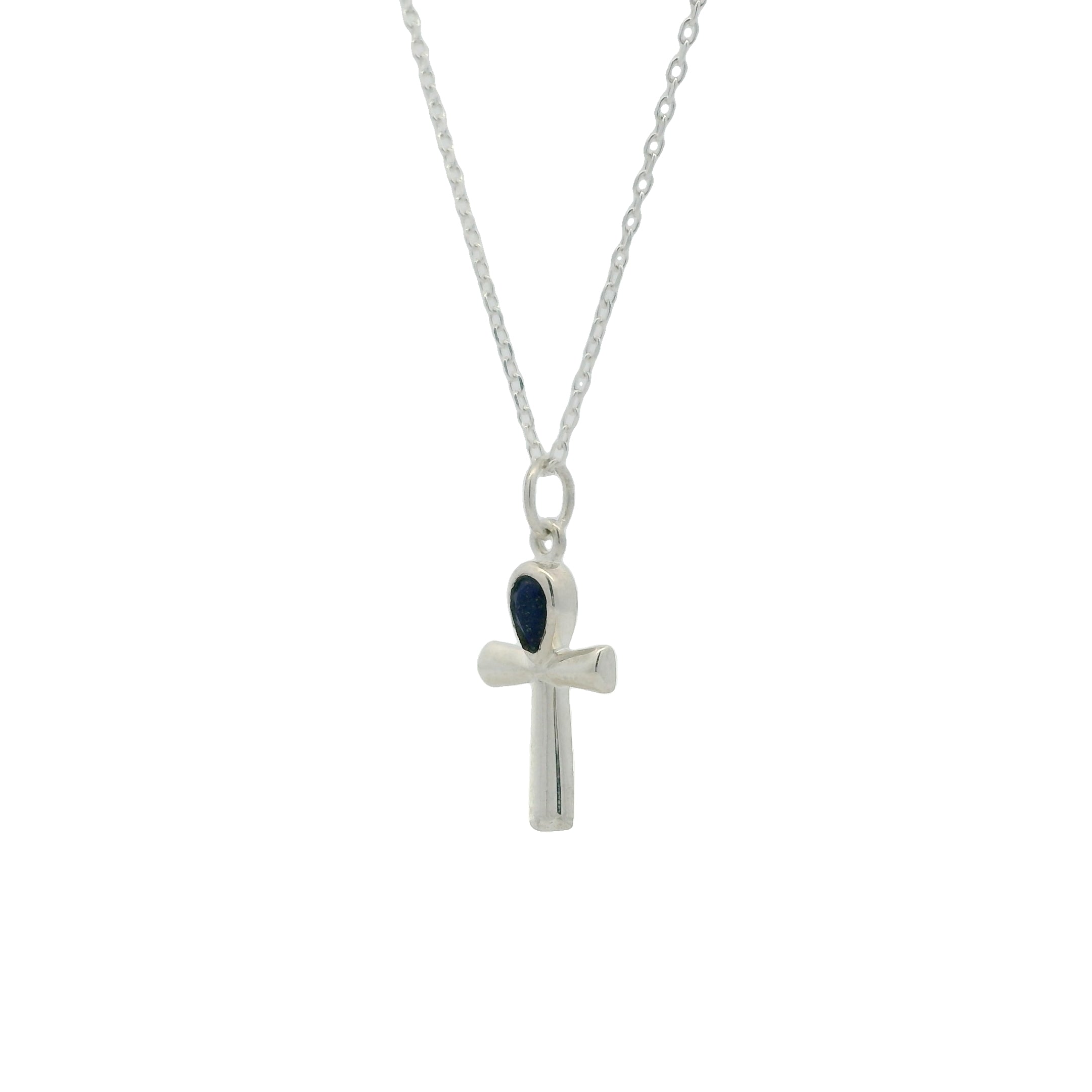 Collier argent 925 croix ankh avec lapis lazulis 42 cm