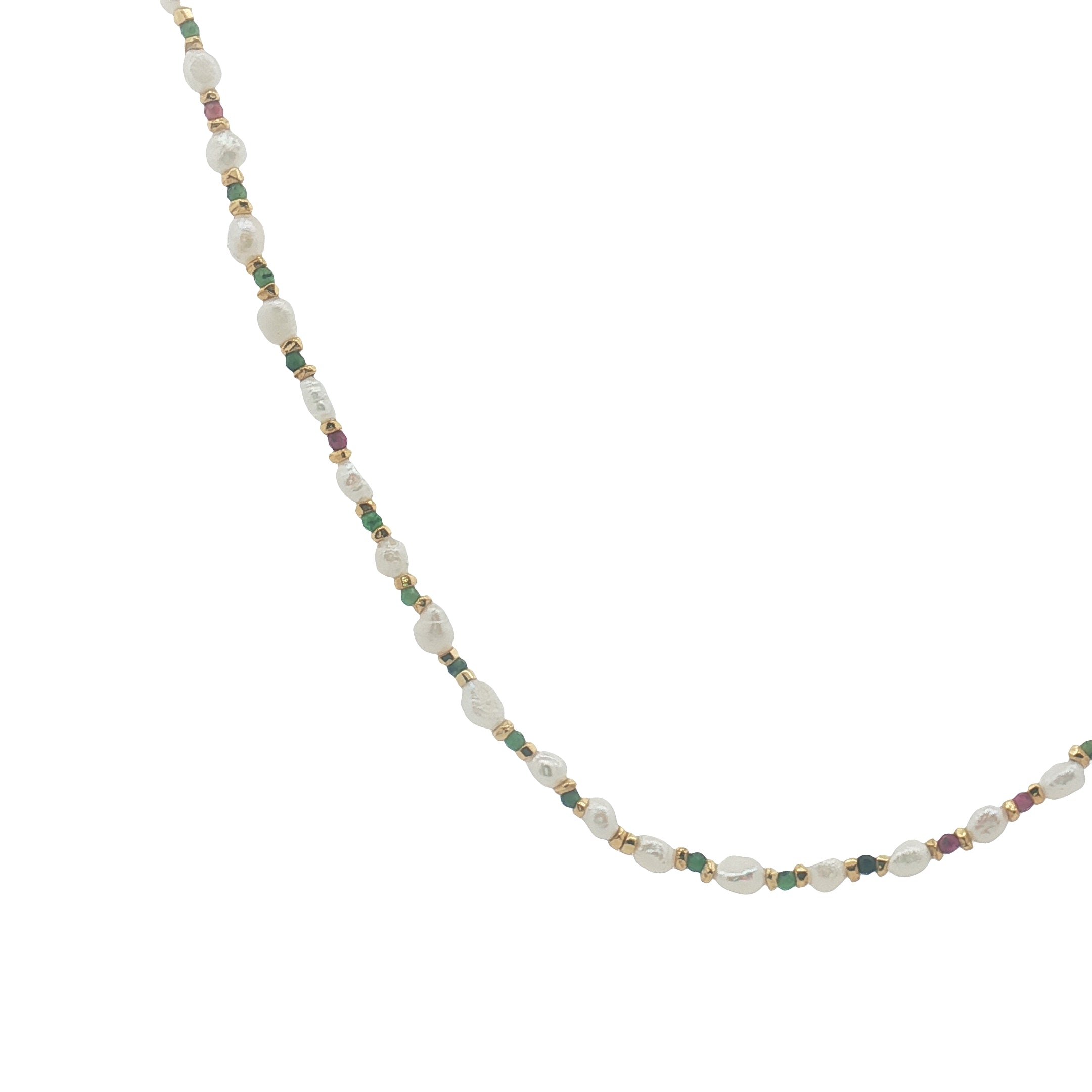 Collier doré alternance de perles de culture, rubis zoisite et perles dorées 42 cm