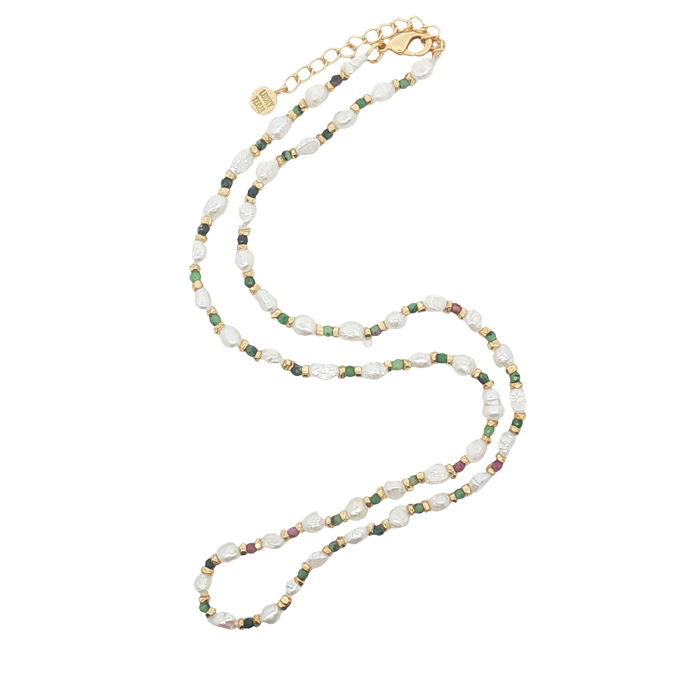 Collier doré alternance de perles de culture, rubis zoisite et perles dorées 42 cm