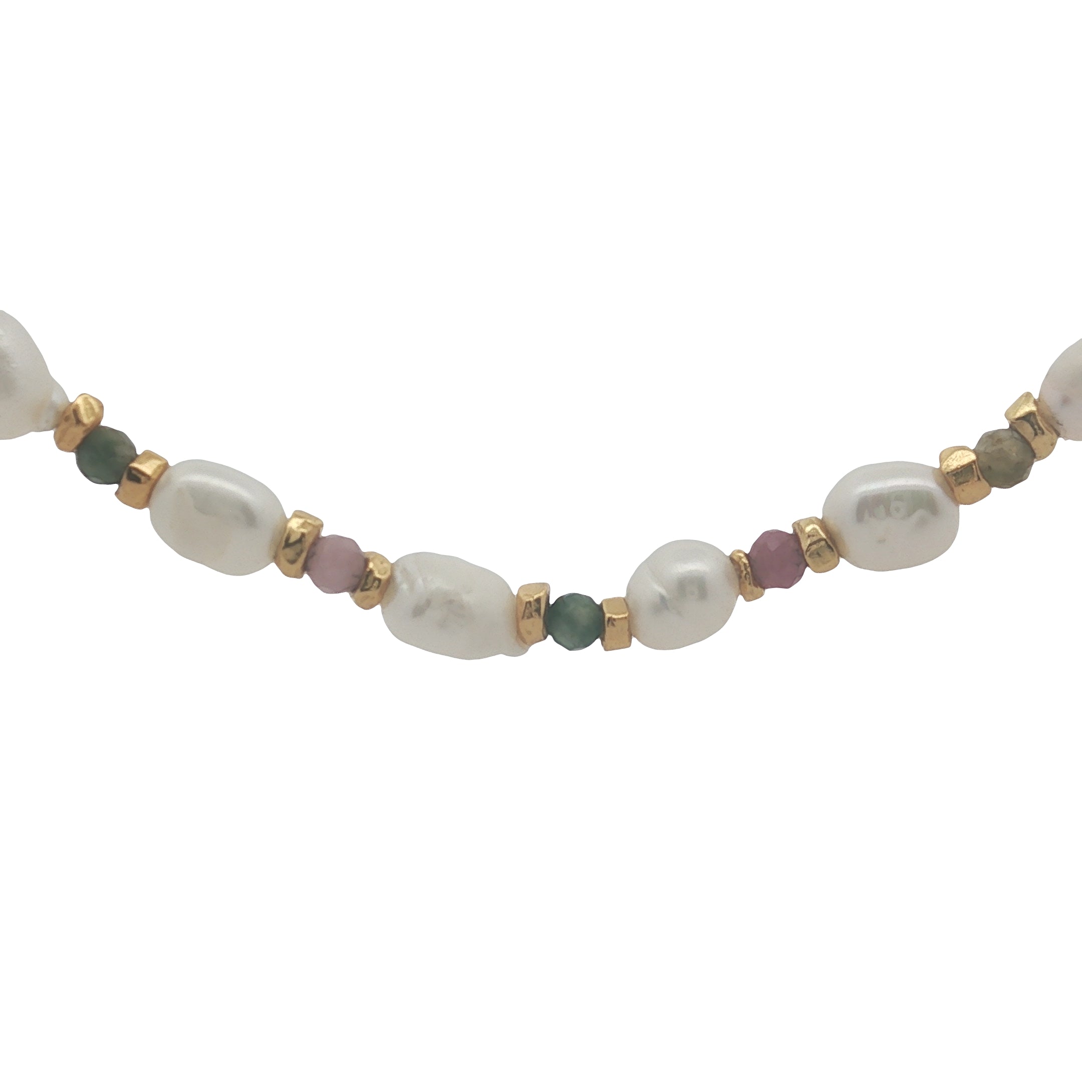 Collier doré alternance de perles de culture, tourmaline et perles dorées 42 cm