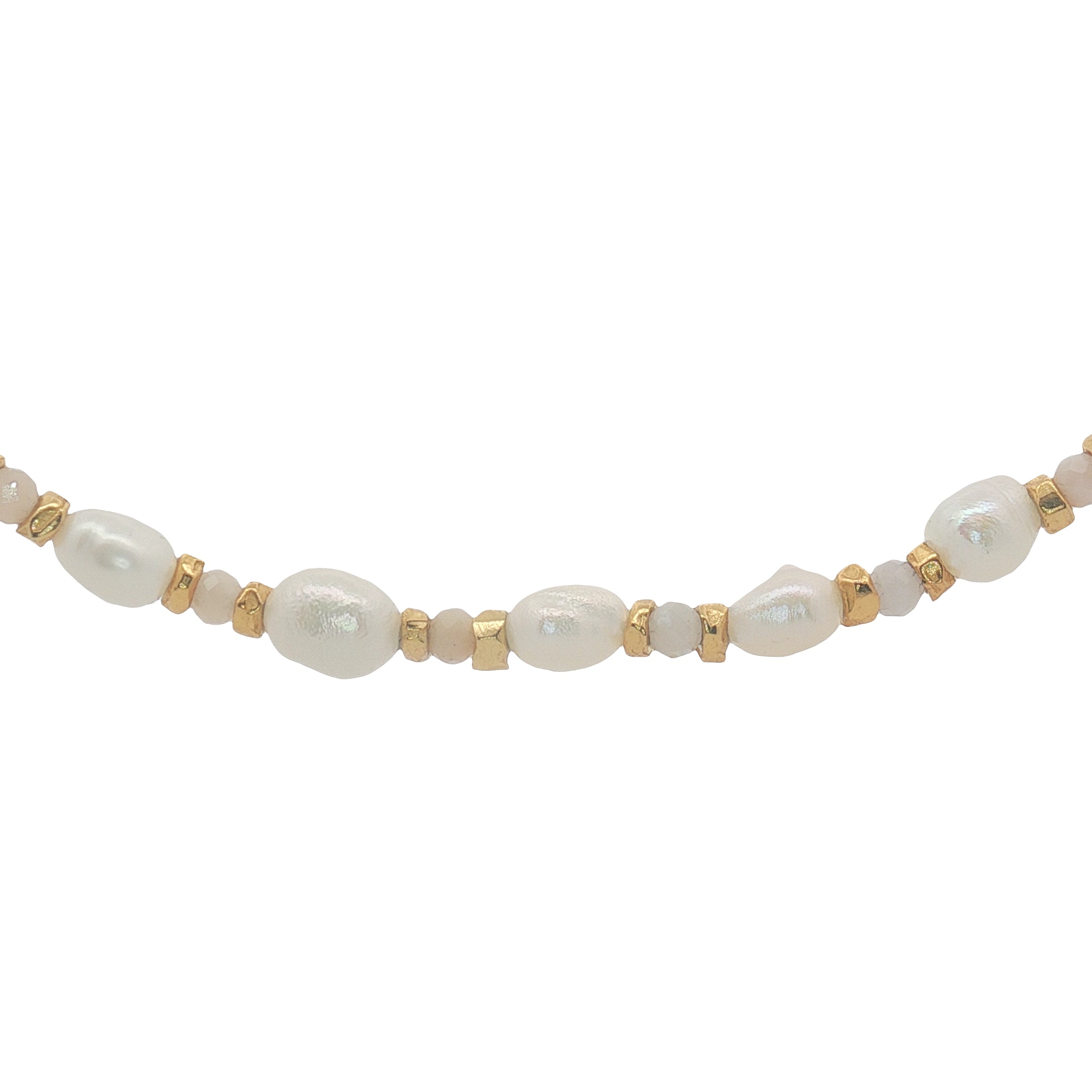 Collier doré alternance de perles de culture, opale rose et perles dorées 42 cm