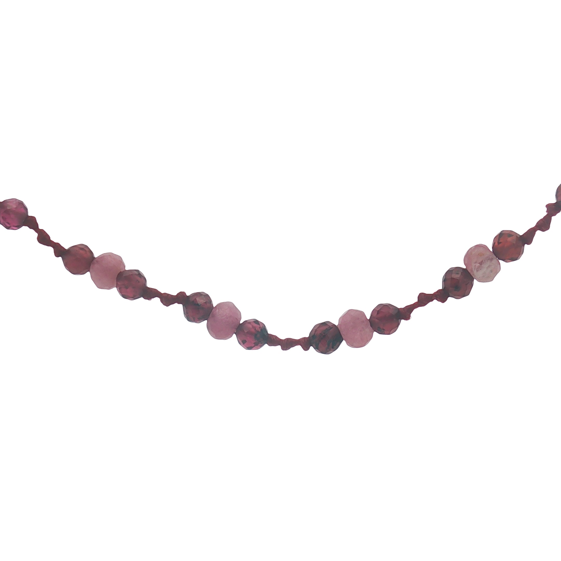 Collier doré avec grenat, tourmaline et noeuds bordeaux 42 cm