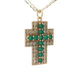Collier doré croix large avec duo d'onyx verte et prehnite 60 cm