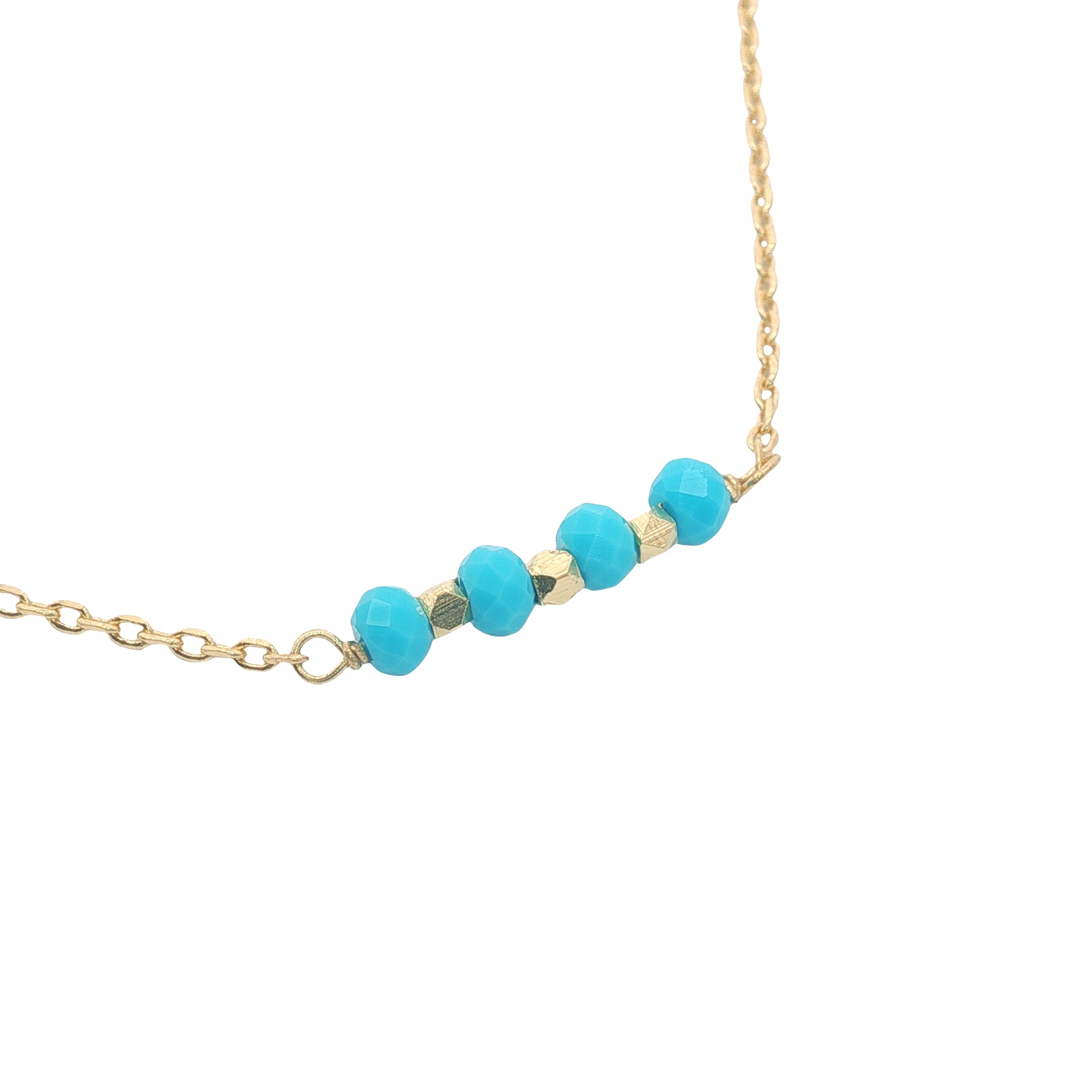 Collier doré rang de turquoise avec perles dorées 42 cm