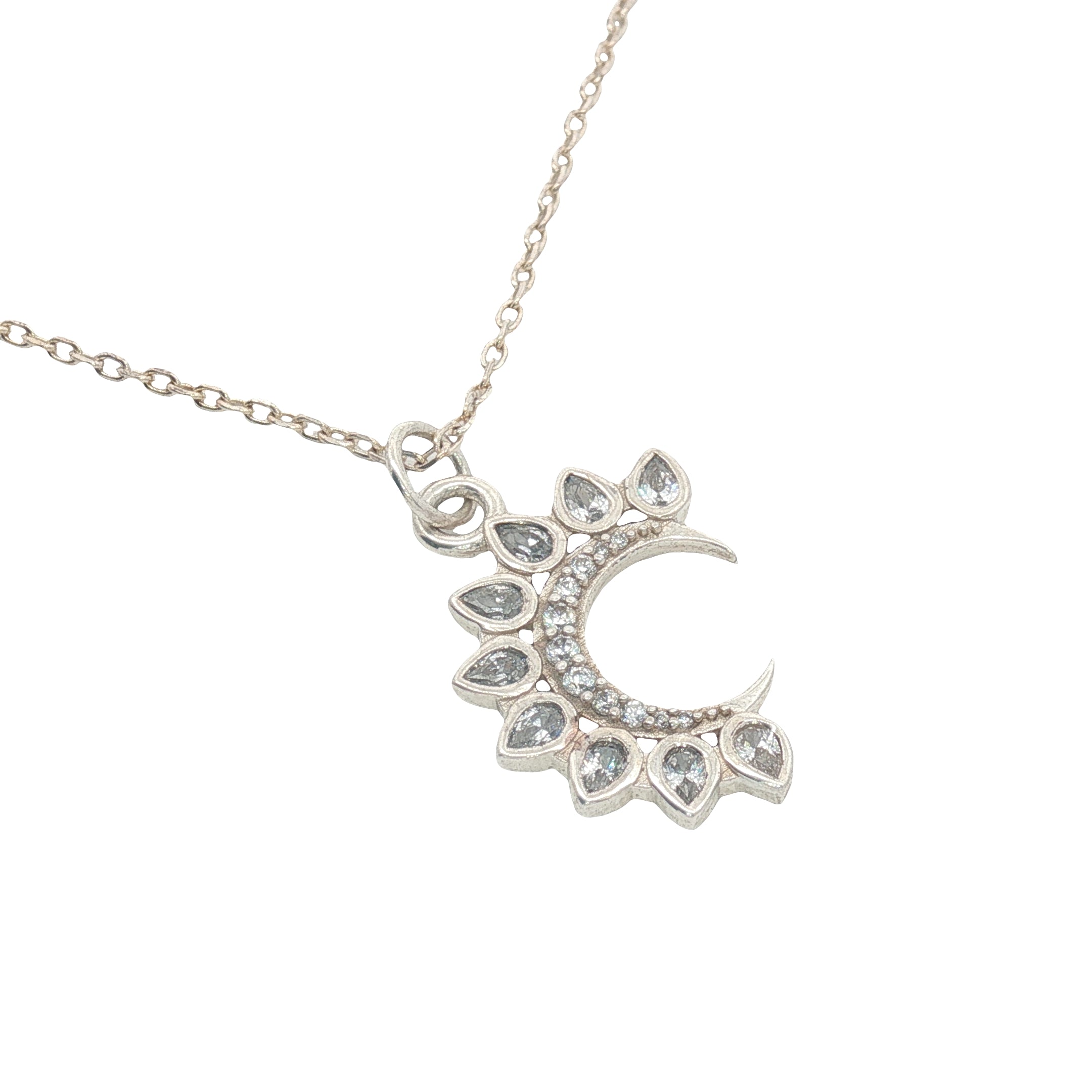 Collier argent 925 croissant de lune avec zircons 42 cm