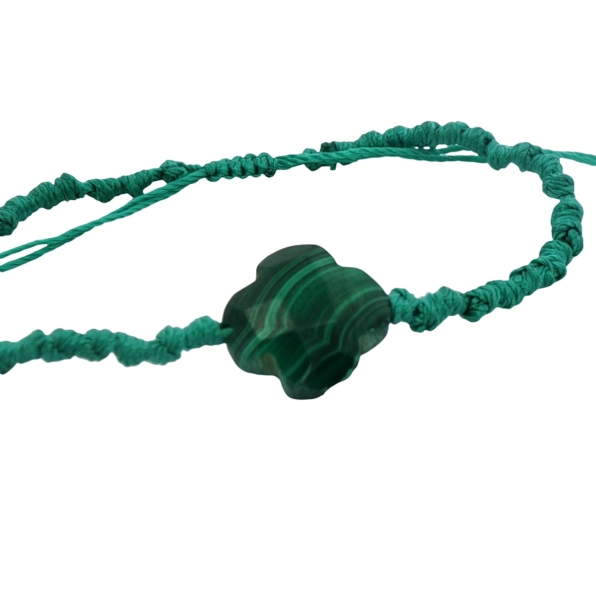 Bracelet doré sur cordon vert trèfle en malachite facettée