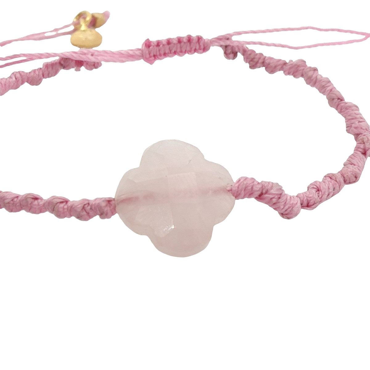 Bracelet doré sur cordon rose trèfle quartz rose facetté