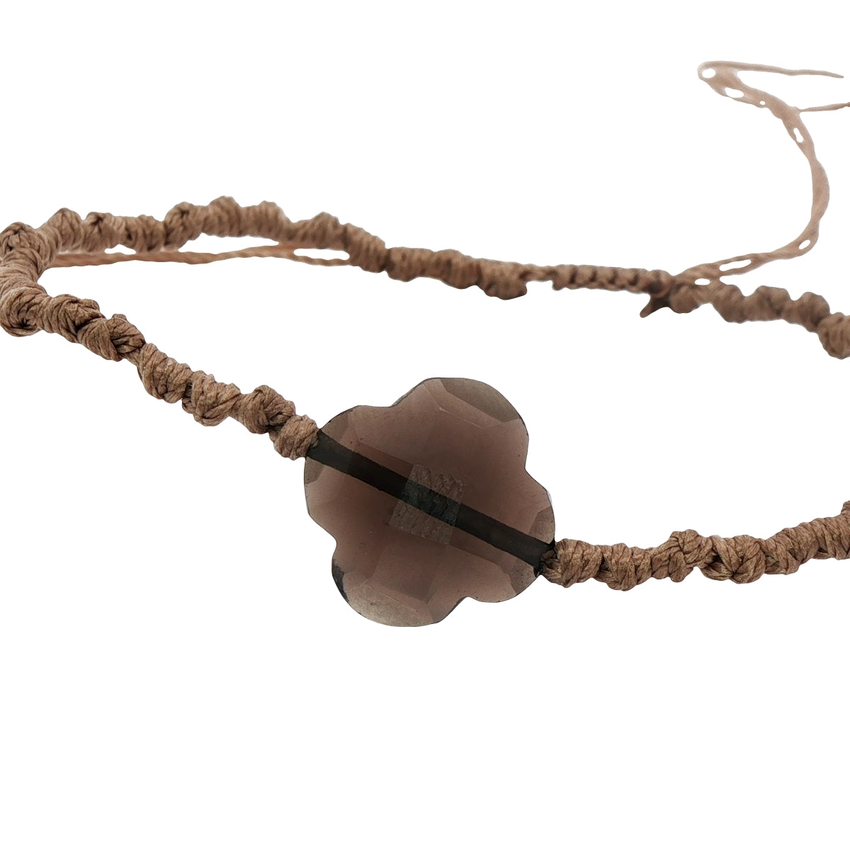 Bracelet doré sur cordon marron trèfle quartz fumé facetté