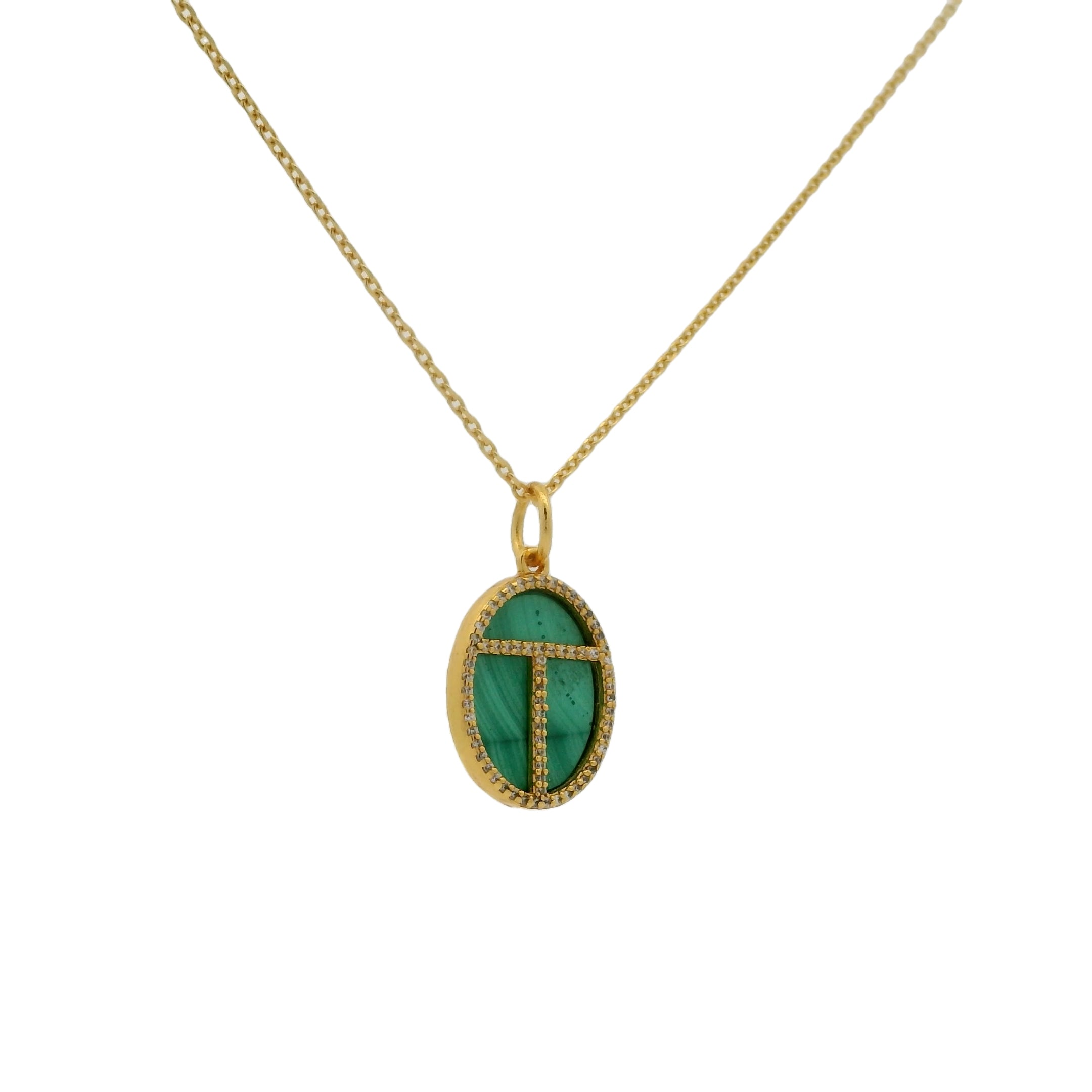 Collier doré scarabée malachite zircons 42 cm