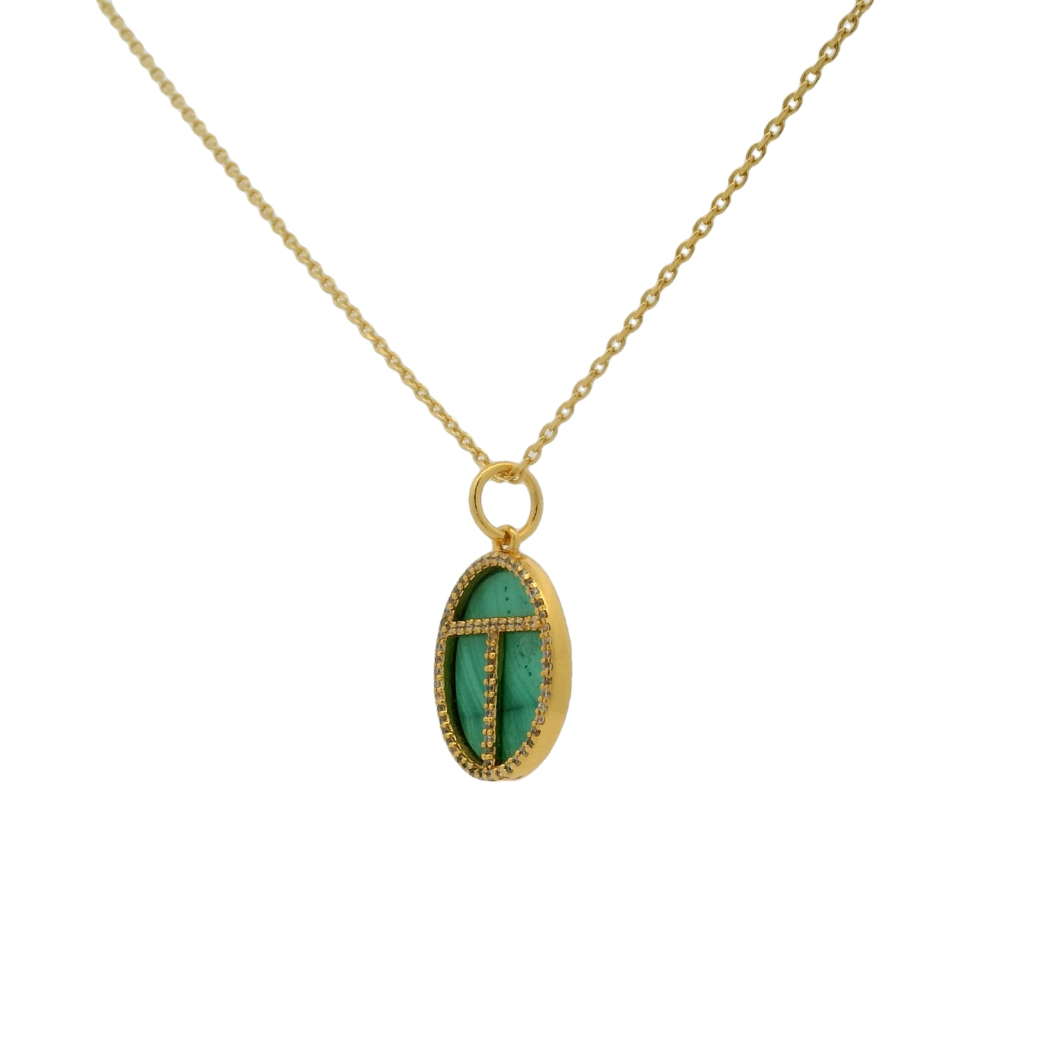 Collier doré scarabée malachite zircons 42 cm