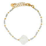 Bracelet with round stones, golden beads and stone clover