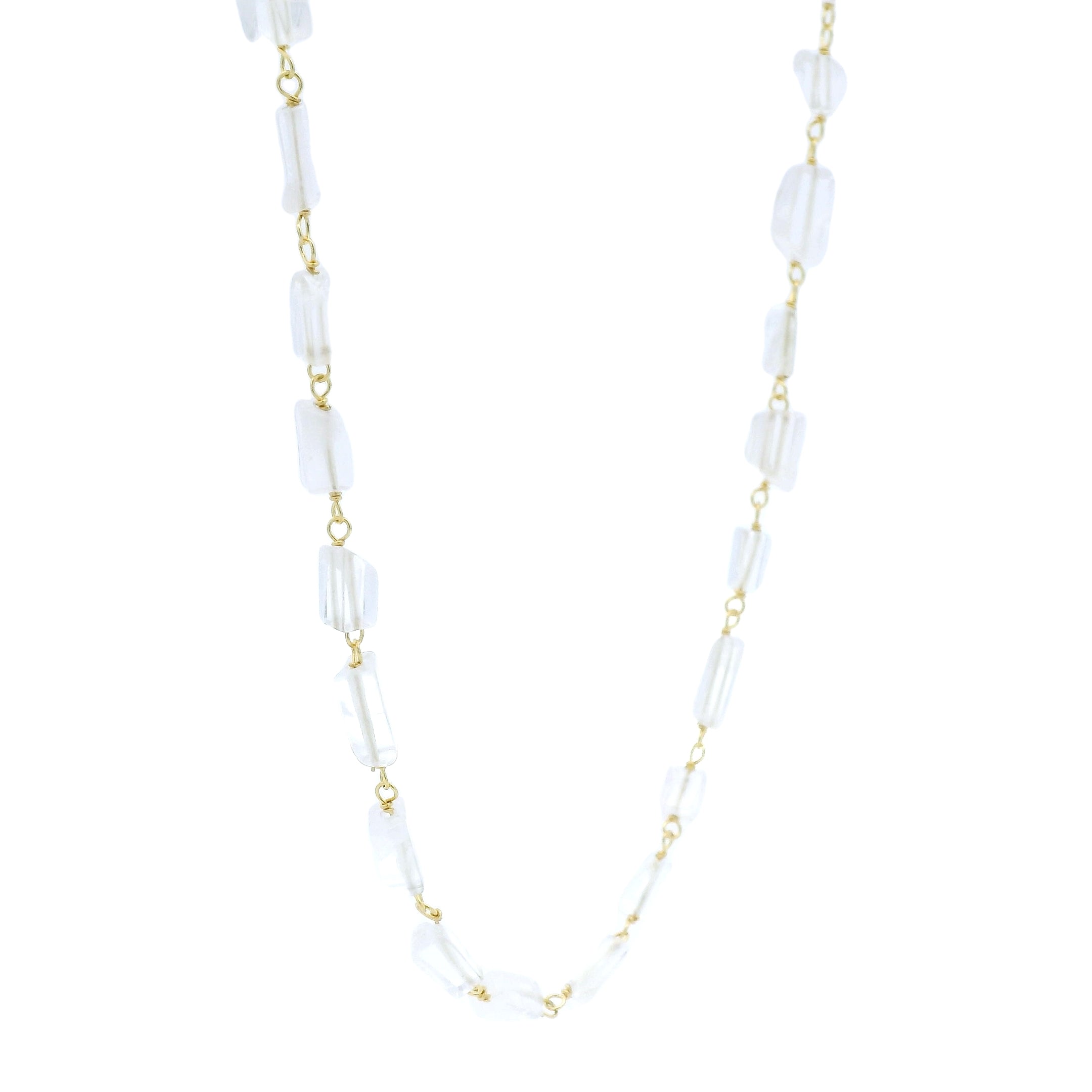 Collier doré pierres rectangles quartz rose 40 cm