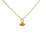 Gold necklace with small eye medal and natural stone
