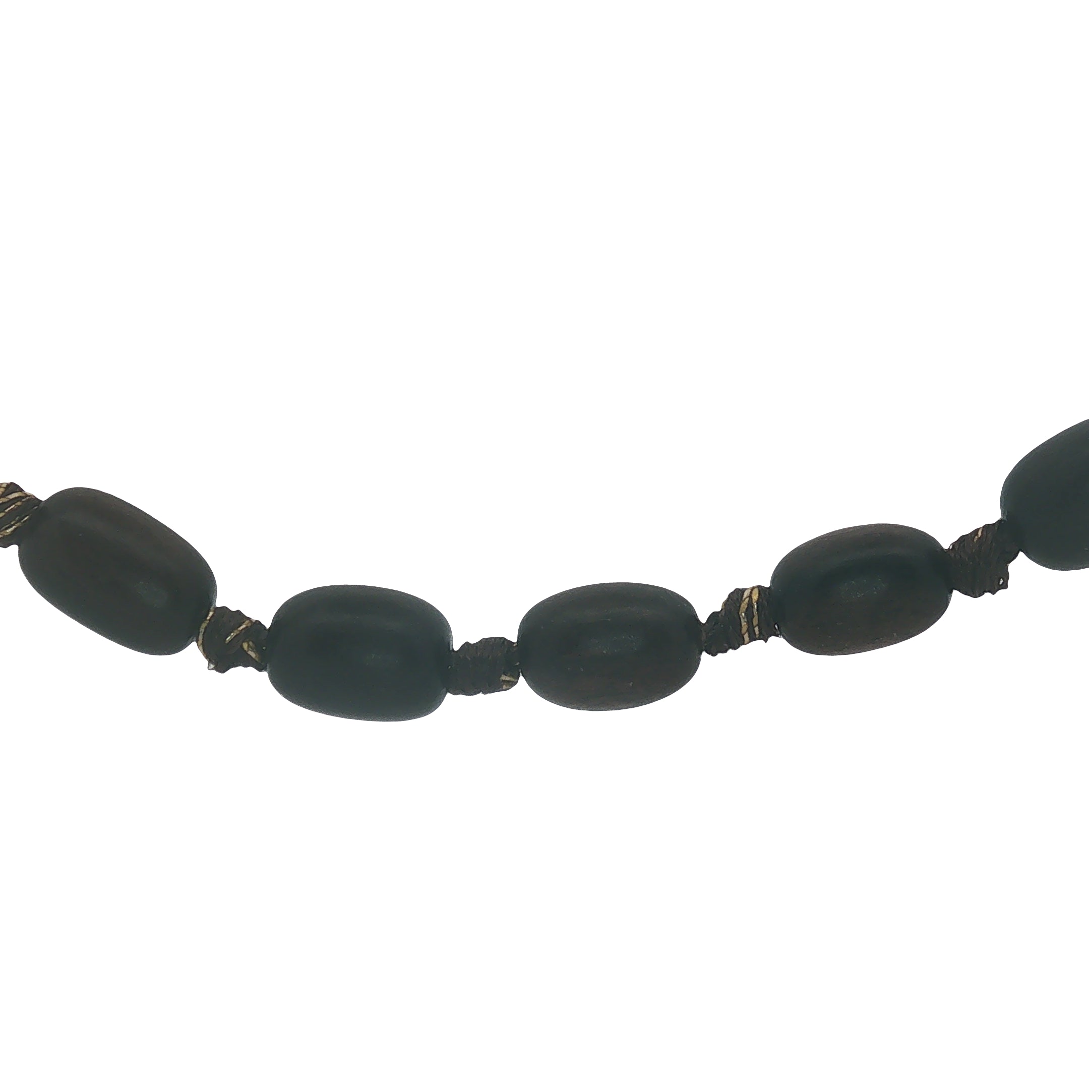 Collier doré perles ovales en bois foncé et noeuds marrons 64 cm
