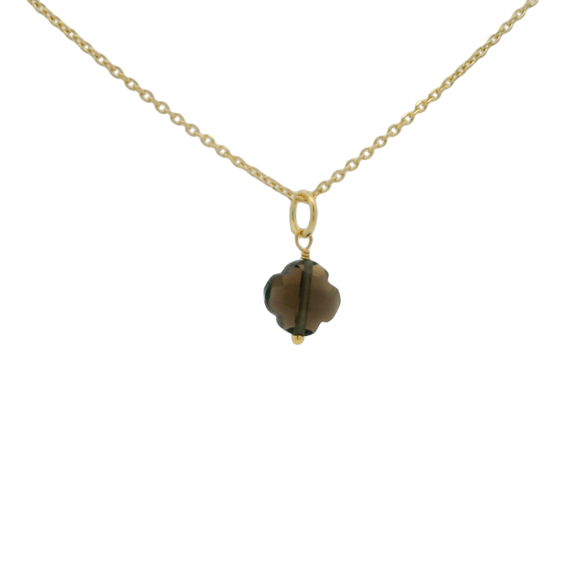Collier doré petit trèfle quartz fumé 42 cm