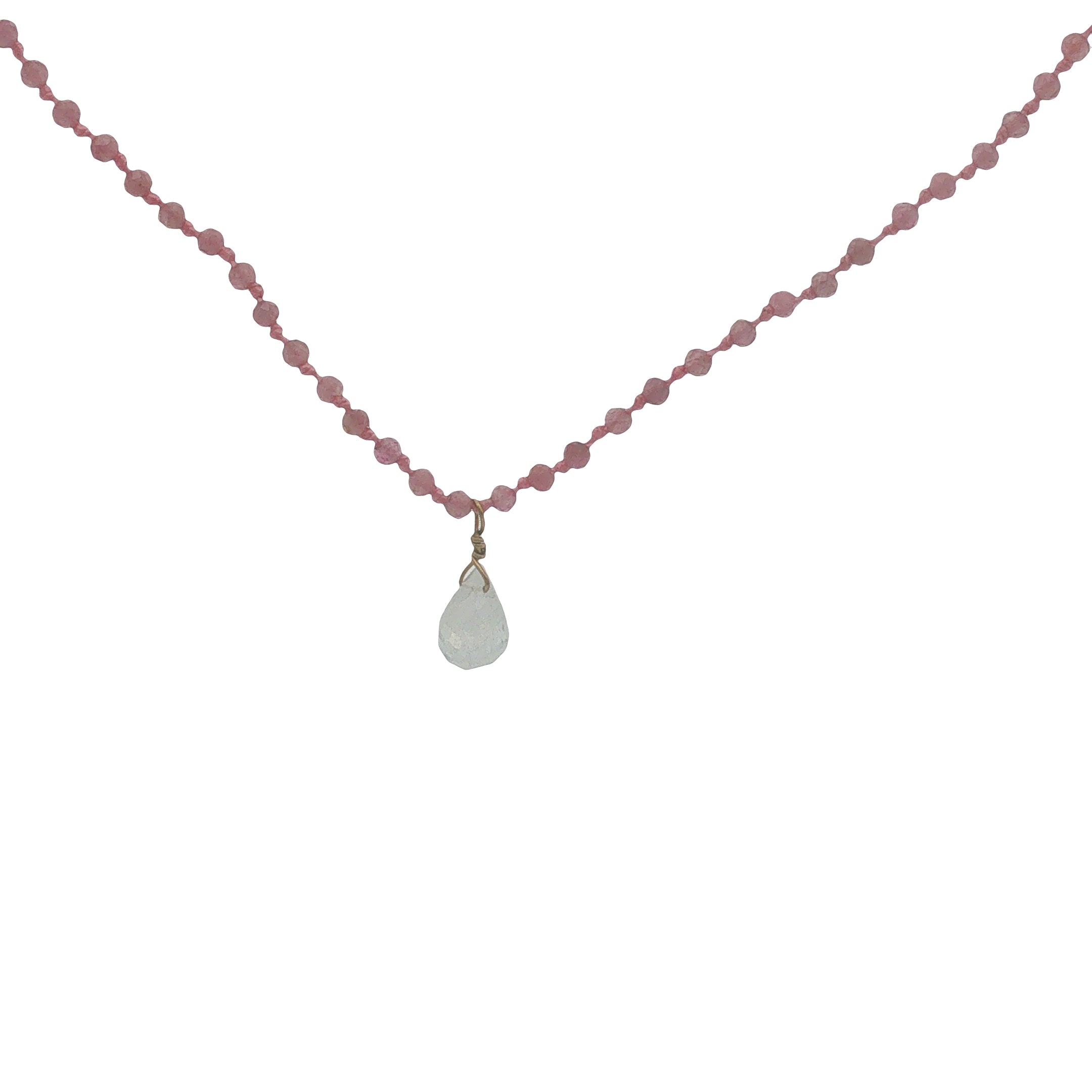 Collier doré en tourmaline rose et goutte en quartz rose 38 cm