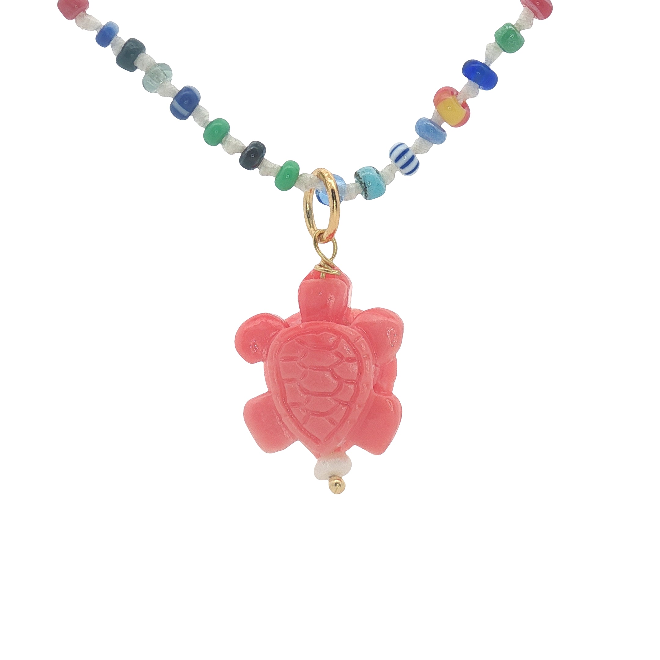 Collier doré tortue rose perles multicolores 50 cm