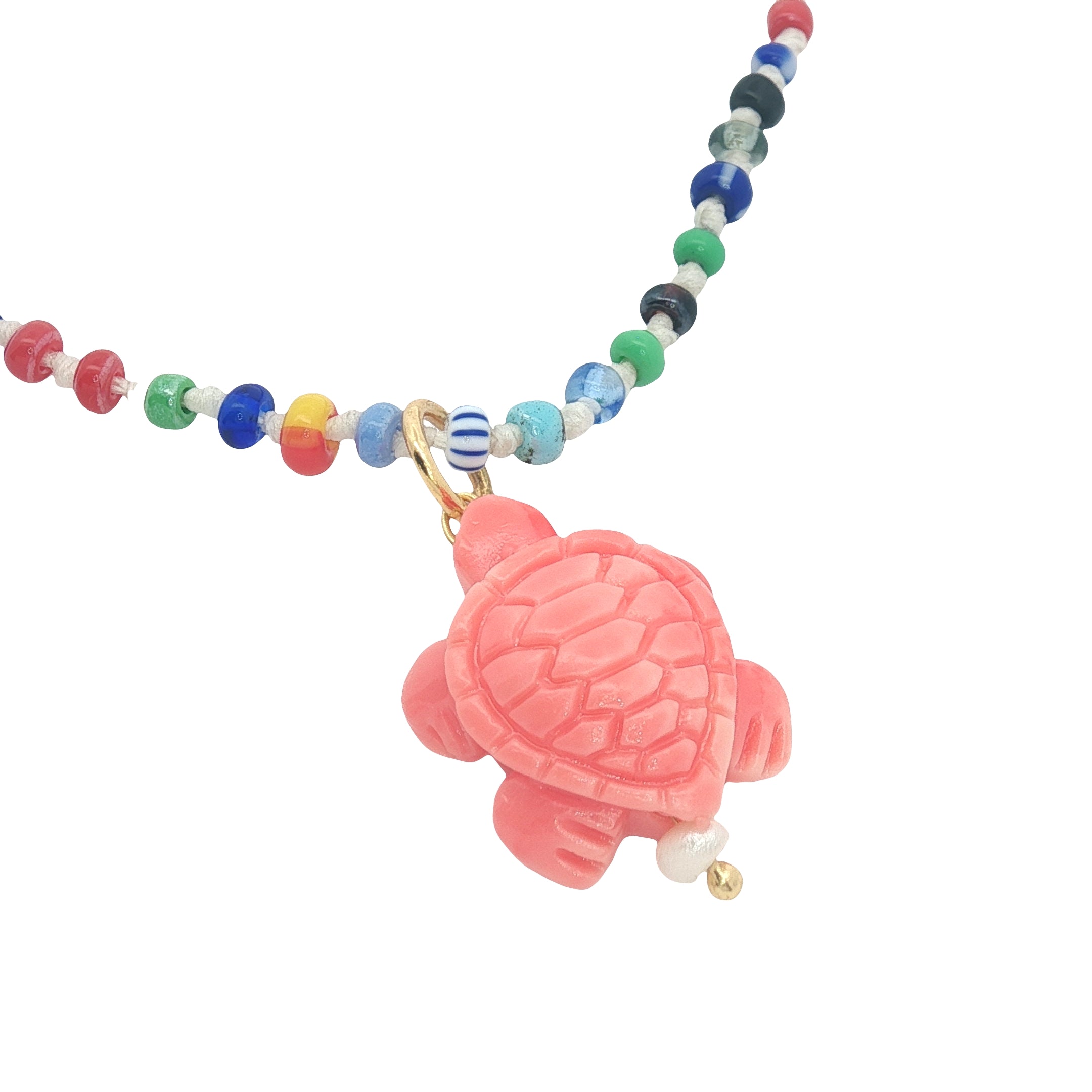 Collier doré tortue rose perles multicolores 50 cm