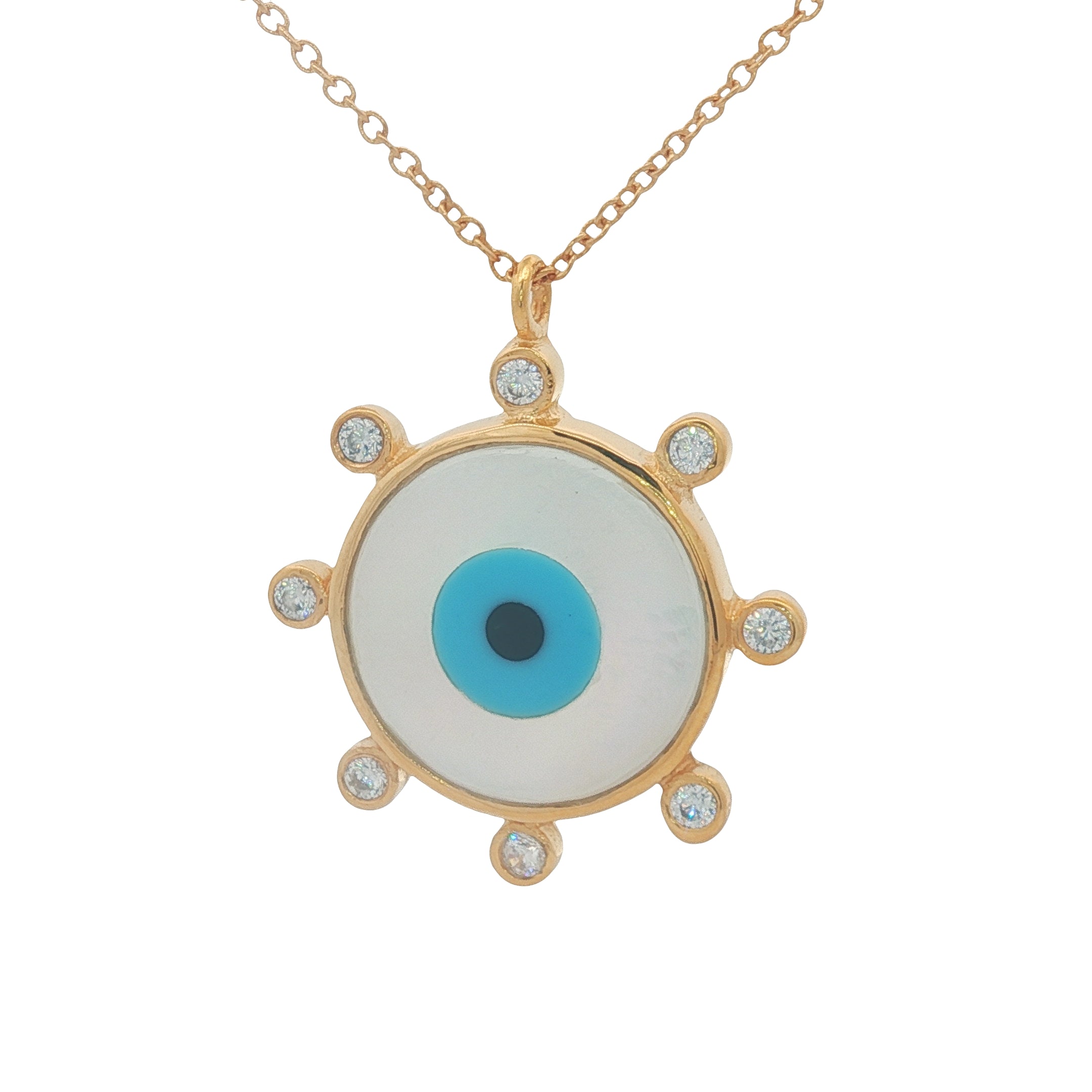 Collier doré oeil en nacre avec zircons 60 cm